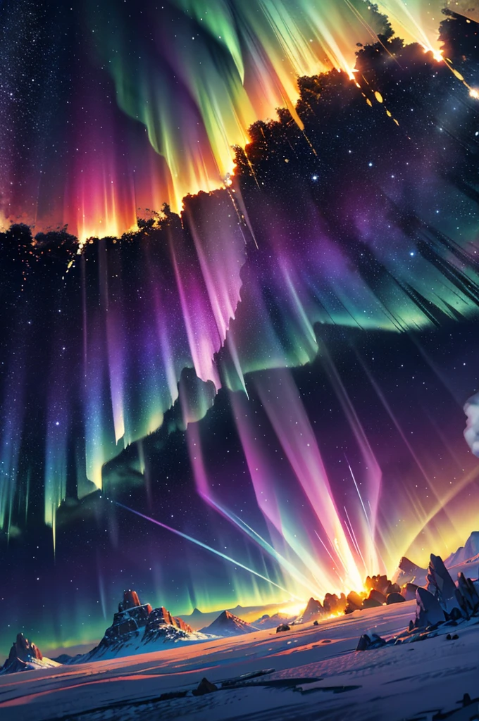 golden light, fire explosion, purple waves crashing behind, green and blue tornado, white blizzard, aurora borealis, flaming sun, flying rocks and ice, bright light, magic, sparkles, disastrous