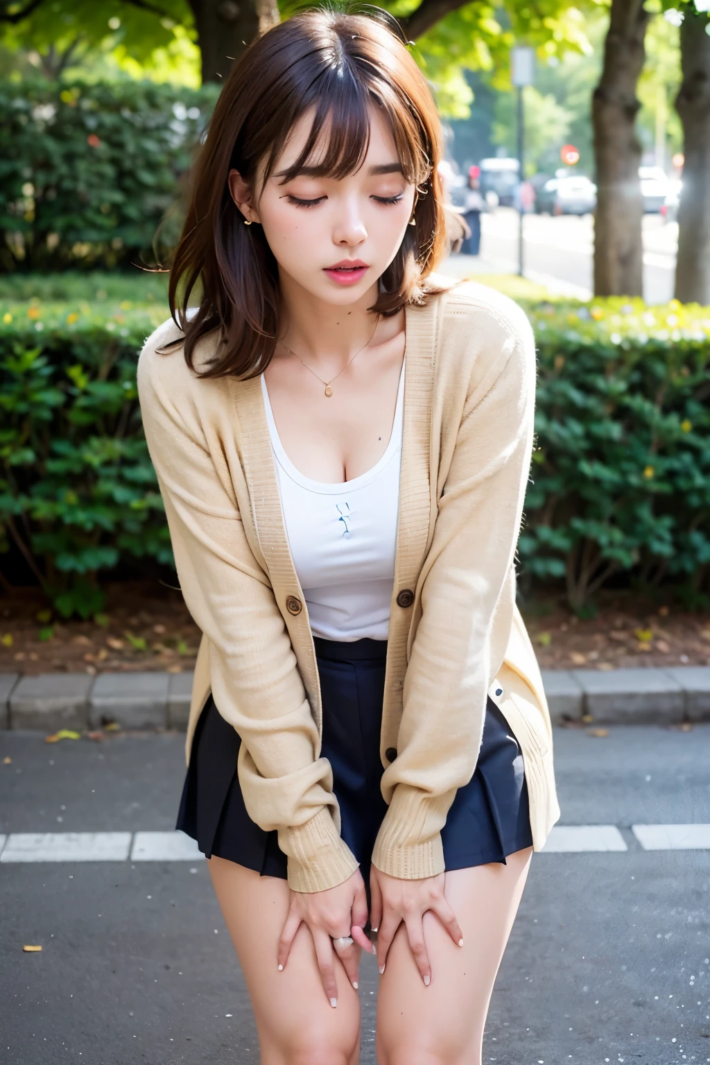 ((Highest quality)), ((masterpiece)), (detailed),1girl,university student,Being in the downtown area,Being outdoors,Bob Hair,Natural Bangs,(Light Brown Hair),She has accessories in her hair,(pain),((??????)),(((Close your eyes))),((Brown eyeshadow)),((cheek)),((aroused)),Lady,clear,Thin eyebrows,Branded clothes,((cardigan)),((Wearing clothes)),(((Touching the crotch with hands))),((Bend your waist)),((Leaning forward)),((drape skirt)),White skin,(((peeing))),(((Love juice))),((Sweat))