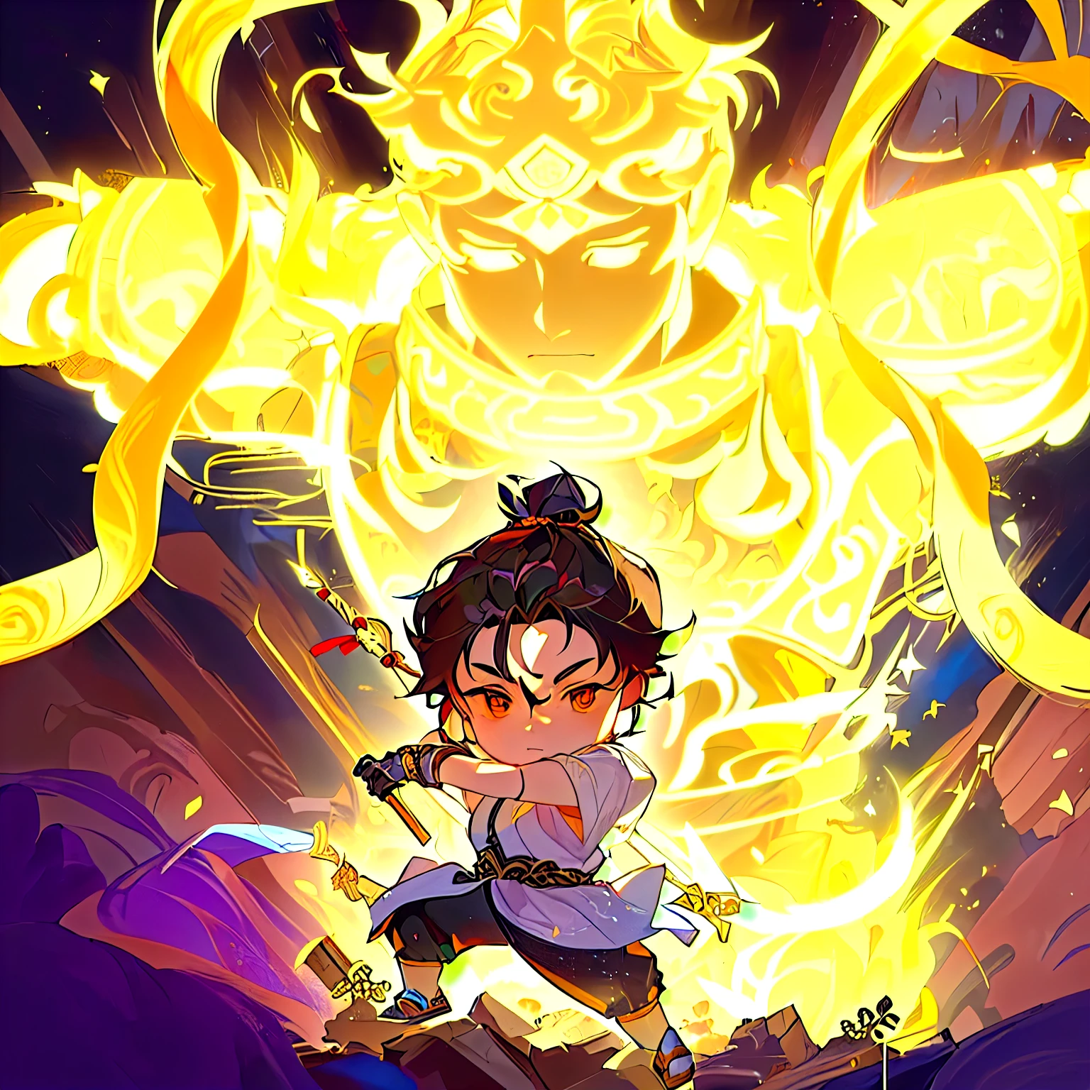 Cartoon image of little boy holding sword, ( ( Artificial Intelligence Art God King ) ), Legendary god holding a spear, Artificial Intelligence Art God King, Giant God, The God-Emperor of Mankind, inspired by Guan Daosheng, Concept Art Magic Highlights, Ashura,From Chinese mythology, g liulian art style, Inspired by Pu Hua