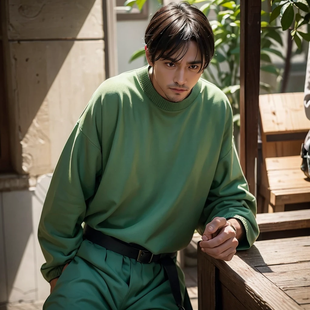 Create an image depicting a man dressed in casual green attire who exhibits excessive concern and consideration in his everyday life. Show him in various daily situations where he demonstrates heightened attentiveness and care towards others. Capture realistic expressions and gestures that convey his thoughtful and empathetic nature. Set the scenes in typical daily environments to emphasize the relatability and realism of his actions. Ensure the composition portrays his genuine kindness and attentive demeanor convincingly.