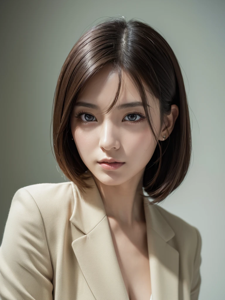 8K, masterpiece, One girl,Bob Hairstyles,Photographed in front of a white wall、Photographed in natural light、Wearing a business suit、Top view、super Detailed face, Beautiful Eyes,(Highly realistic photos, High resolution, Detailed face, Beautiful Eyes)、Japanese women, 28 years old, A variety of expressions, alone:1, Various Hair Styles, Only one person in the photo、Photographed in natural light、Don't look at the camera、profile、Dark brown hair color close to black、Idol's face、Digital SLR、Sophisticated,