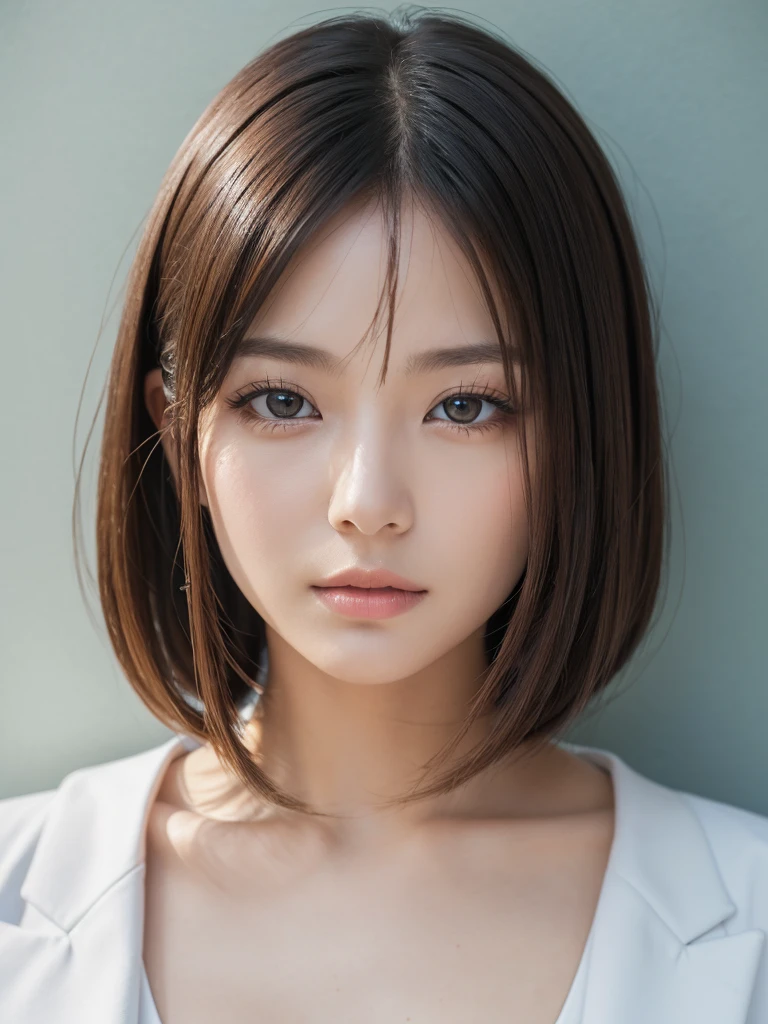 8K, masterpiece, One girl,Bob Hairstyles,Photographed in front of a white wall、Photographed in natural light、Wearing a business suit、Top view、super Detailed face, Beautiful Eyes,(Highly realistic photos, High resolution, Detailed face, Beautiful Eyes)、Japanese women, 28 years old, A variety of expressions, alone:1, Various Hair Styles, Only one person in the photo、Photographed in natural light、Don't look at the camera、profile、Dark brown hair color close to black、Idol's face、Digital SLR、Sophisticated,