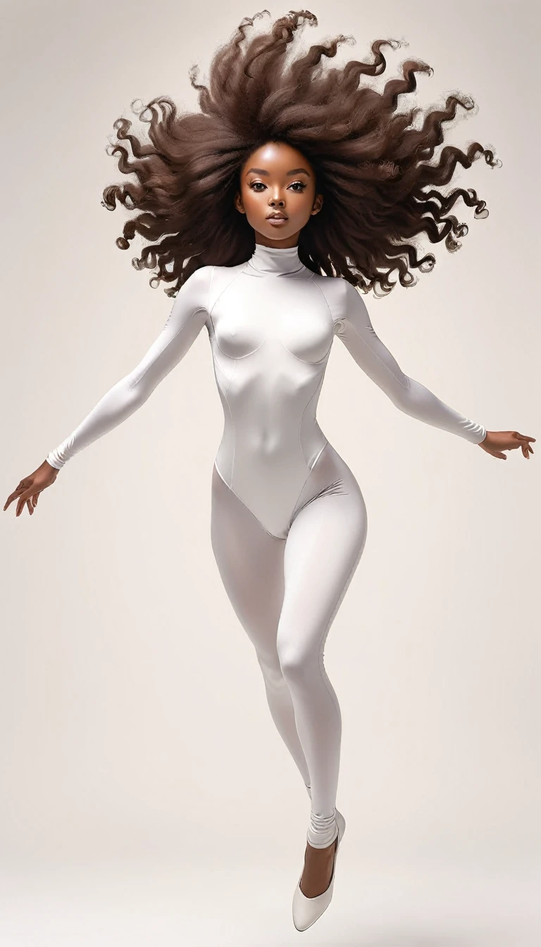 monochromatic、22 years old、woman、Moderate bust、Simple Background、solo、slender、1 person、Superpowers、Small parts floating in the air、Brown Skin、Long Hair、Floating in the air、Afro-American、White bodysuit