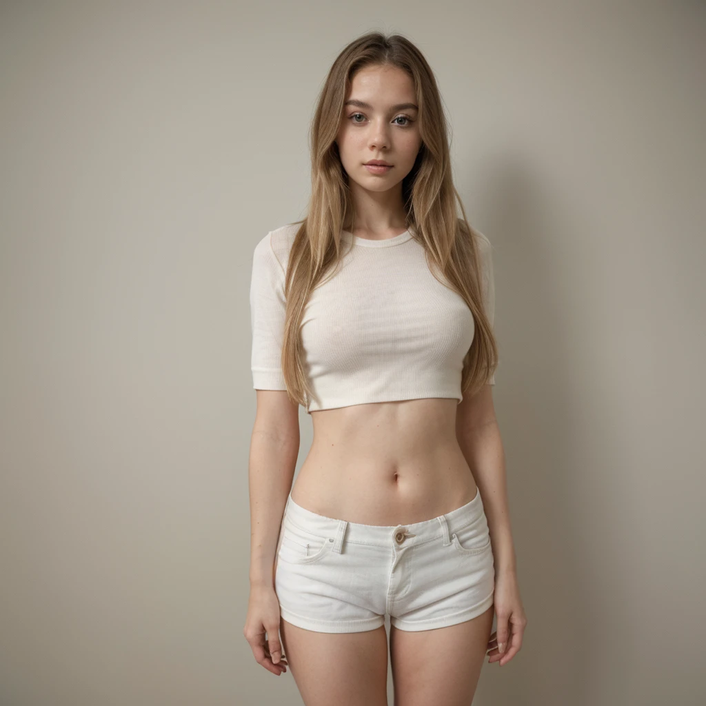 ((best quality)), ((masterpiece)), (detailed), one girl with long blond hair, cute clothes, posing in front of clean wall