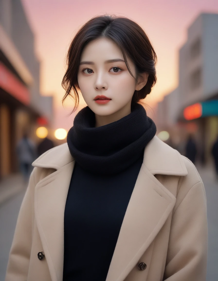 8K, 超high resolution, best quality, masterpiece, surreal, painting,A three-part method, 성숙한 1 woman, (36 years old:1.3), Pretty Woman, Cute face, Beautiful Eyes in Every Detail,korean women ,(Wearing a long winter coat and scarf、Close-up of thin black double-sided updo:1.5)、(The woman turned around with a very sad expression., her medium hair standing on a winter street:1.5)、(blurred background:1.5)、(red sky at sunset:1.5)、(complete anatomy:1.5)、(full hand:1.3)、(full finger:1.3)、realistic、生painting、tabletop、best quality、high resolution、delicate and beautiful、perfect face、beautiful details、fair skin、real human skin、((thin legs))、bold pose,Super cute supermodel、Please look closely at the camera 、vivid details、detailed、surreal、빛과 painting자,strong light,fashion magazine cover,thin lips, Horsehair head, 1 woman, full body shot