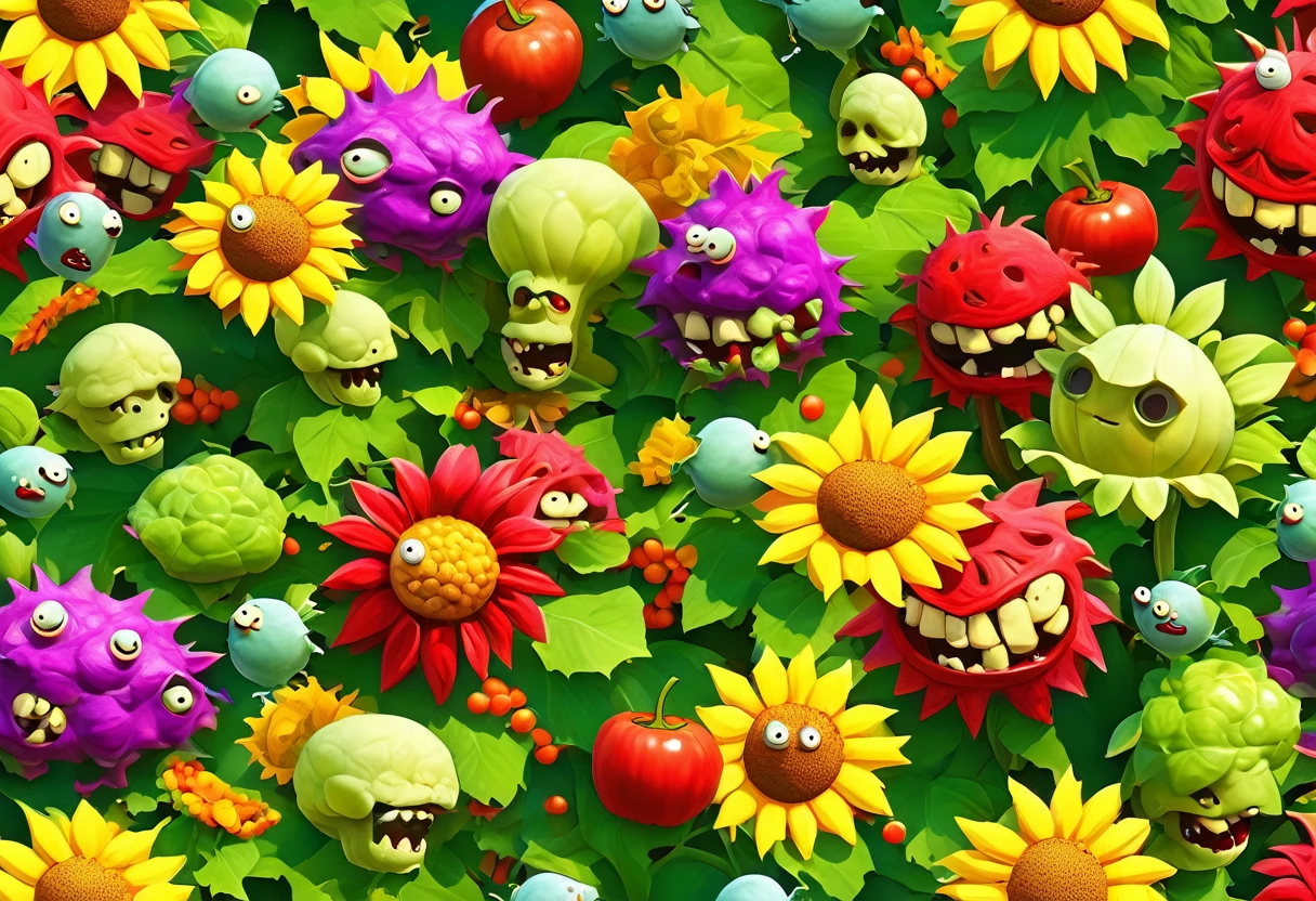 Plants vs. Zombies, A scene where Sunflower, Peashooter, and Cherry Bomb fight an army of zombies in the garden on a sunny day. Colorful and bright colors decorate the garden, and the texture of plant leaves, torn zombie costumes, and cherry bomb explosion effects are detailed. Includes cabbages from Cabbage Porto flying through the air ,((Masterpiece)), ((Best Quality)), (Very Detailed), ((Very Detailed)), 4K, (8K), very aesthetic, absurdres highres,