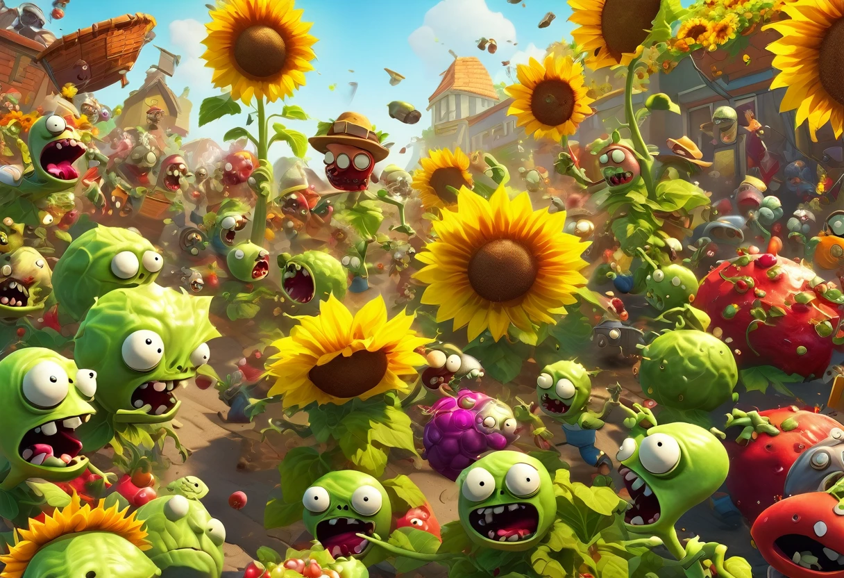 Plants vs. Zombies, A scene where Sunflower, Peashooter, and Cherry Bomb fight an army of zombies in the garden on a sunny day. Colorful and bright colors decorate the garden, and the texture of plant leaves, torn zombie costumes, and cherry bomb explosion effects are detailed. Includes cabbages from Cabbage Porto flying through the air ,((Masterpiece)), ((Best Quality)), (Very Detailed), ((Very Detailed)), 4K, (8K), very aesthetic, absurdres highres,