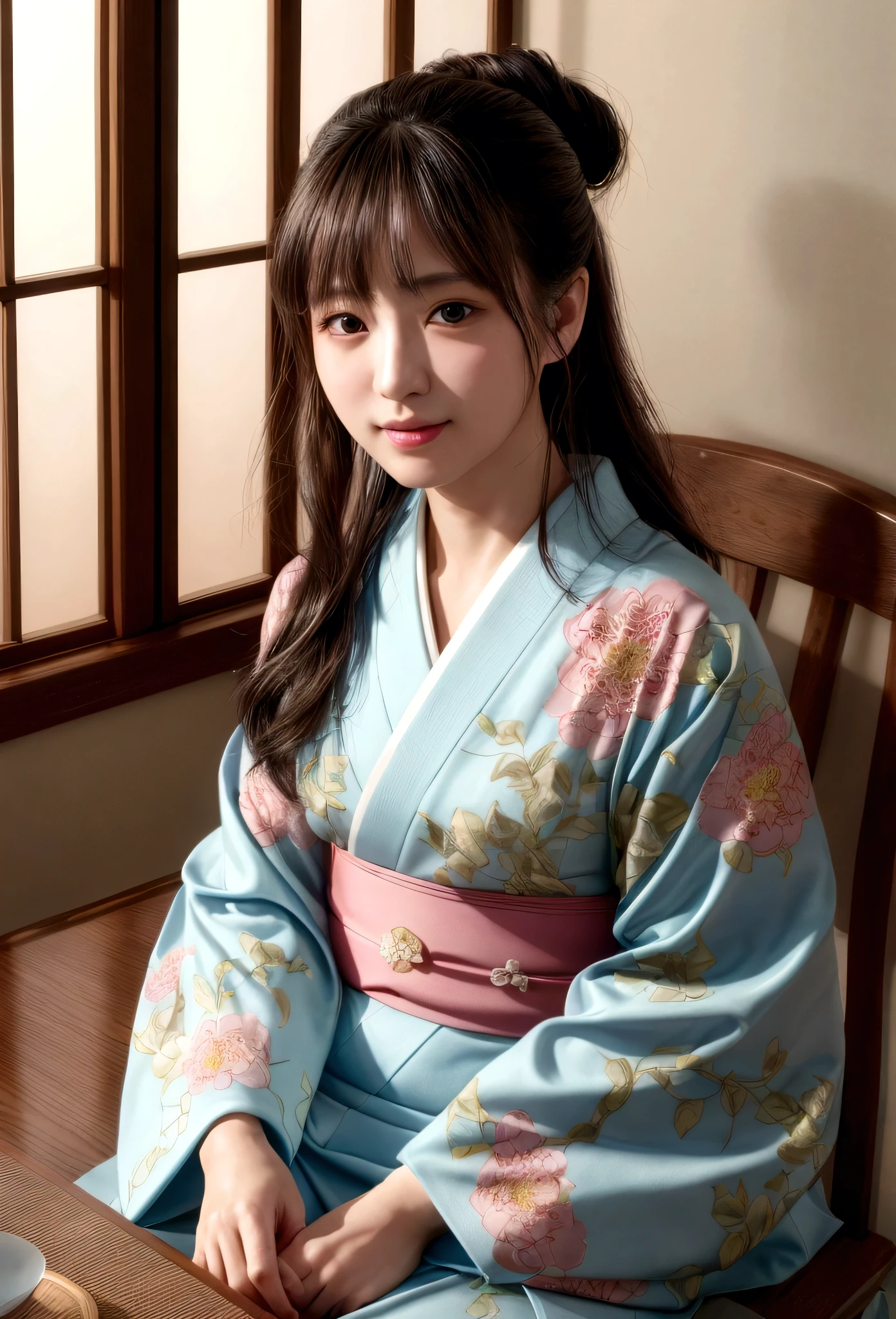 (Photorealistic:1.4), (Top image quality:1.0), (超High resolution:1.0), 8K, Raw photography, (masterpiece:0.2), (Purelos Face_v1:0.5)、(highest quality Detail:1.2)、Realistic、8K  UHD、High resolution、(One Girl:1.2)、Super detailed、High quality textures、Intricate details、detailed、Very detailed CG、High quality shadows、detailed Beautiful and delicate face、detailed Beautiful and delicate eyes、Depth of written boundary、Ray Tracing,One Girl, Japanese girl, cute, thin, Japanese patterned kimono,Floral scrunchie, Beautiful Skin, Look forward,please sit down, Sit up straight「thank you」says,Put your hands together gracefully,The land of Japan smiling faintly,Japanese garden,Luxurious Japanese-style room, Magic Hour, (Realistic:1.3), Detailed, quality, (Tabletop:1.2), (Realistic:1.2), (highest quality), (Intricate details), dramatic, Ray Tracing, photograph, +roller