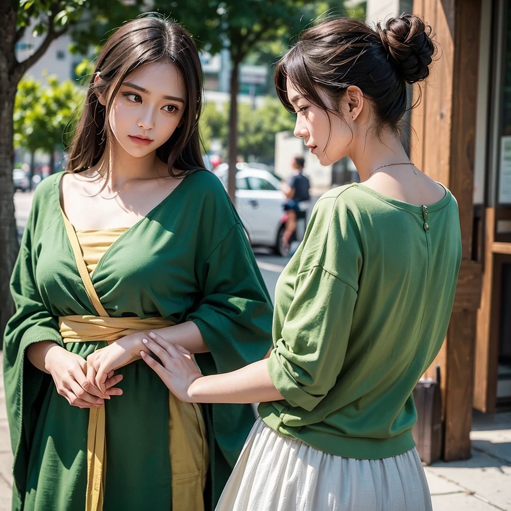 Create an image depicting a woman dressed in casual green attire who exhibits excessive concern and consideration in her everyday life. Show her in various daily situations where she demonstrates heightened attentiveness and care towards others. Capture realistic expressions and gestures that convey her thoughtful and empathetic nature. Set the scenes in typical daily environments to emphasize the relatability and realism of her actions. Ensure the composition portrays her genuine kindness and attentive demeanor convincingly.