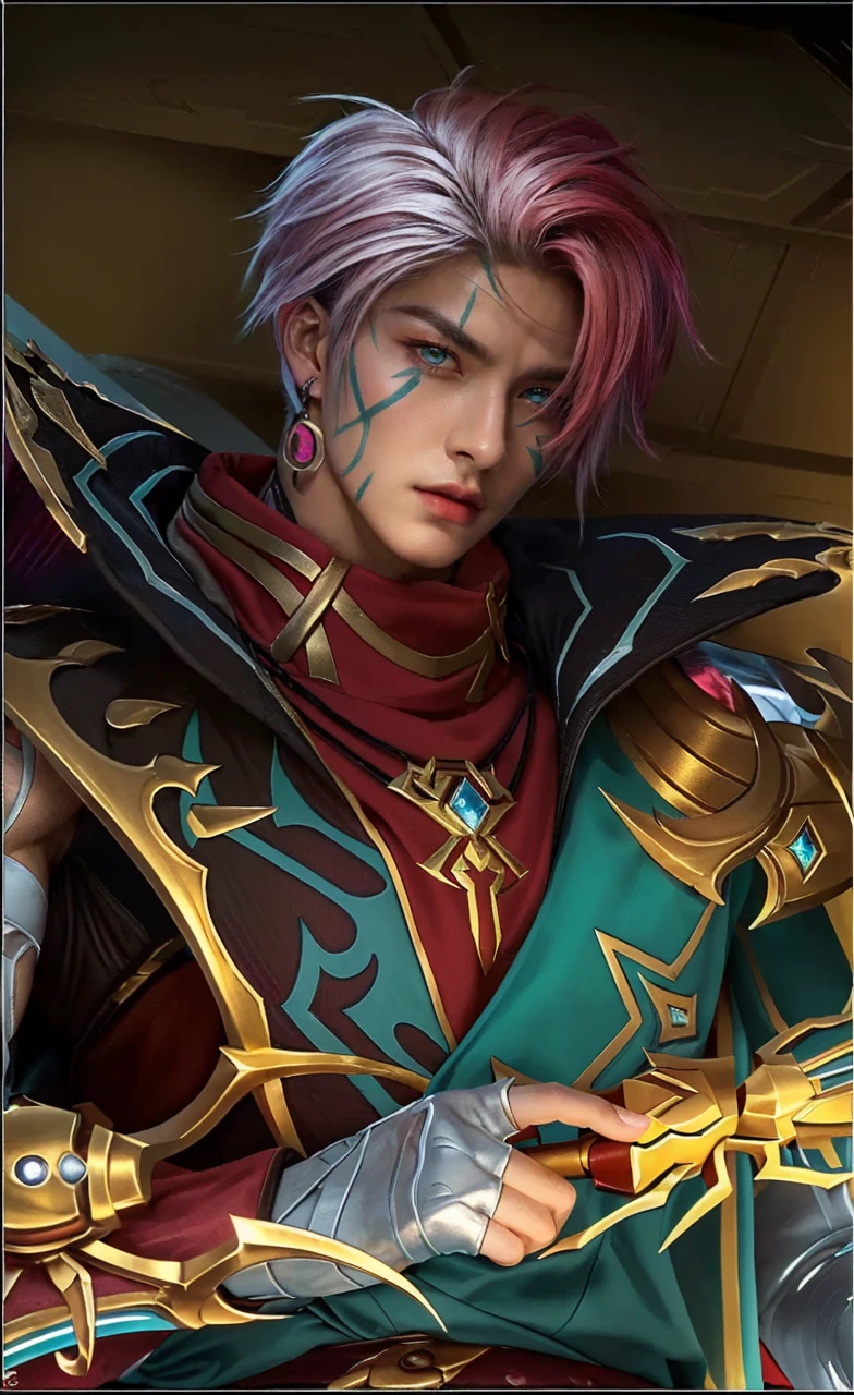 a handsome boy with striking white and red hair,extremely detailed face,piercing eyes,sharp nose,sensual lips,chiseled jawline,muscular physique,son of sparda,photo-realistic portrait,dramatic lighting,cinematic composition,dark fantasy,moody atmosphere,rich color palette,masterpiece