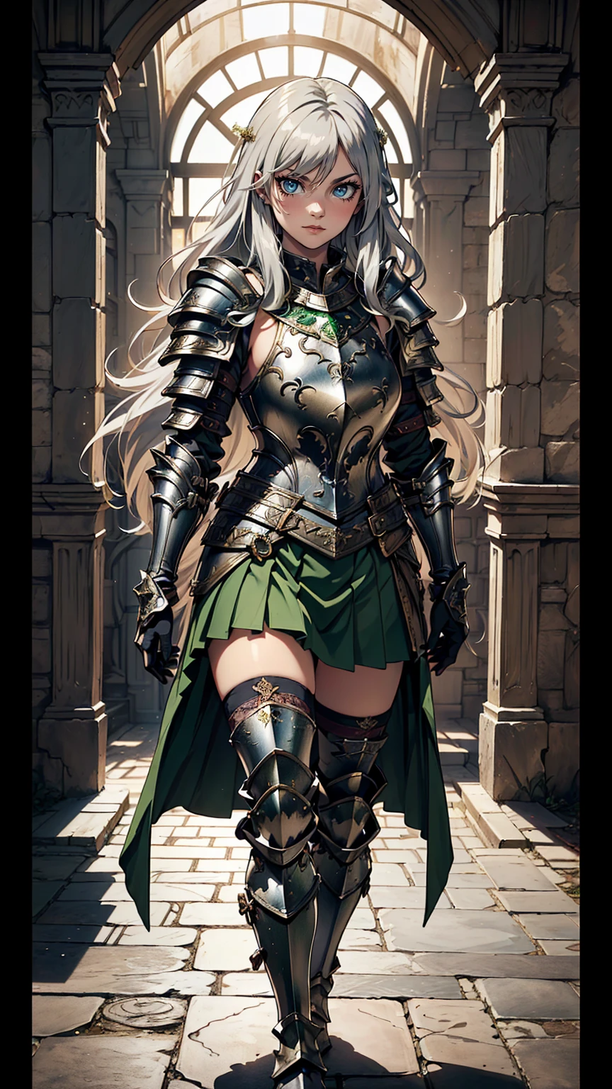 最high quality、Ultra High Definition, Ultra High Quality, Hyper Definition, Hyper Quality, Hyper Detailed, Extremely Detailed, Perfectly Detailed, Best image quality、masterpiece、anime woman((20-year-old、super dynamic pose , Green solid eyes, Silver long Hair、Disheveled Hair、Long White Hair, Glove、Green Skirt, Noble Armor, Smirk, Detailed Cuirass , Dressed in Full Coverage Noble Plate Armor, leg armor)),high quality、Beautiful art、background((Inside the mansion))、Written boundary depth、 movie、Visual Arts、Perfect art、8K,Genuine、