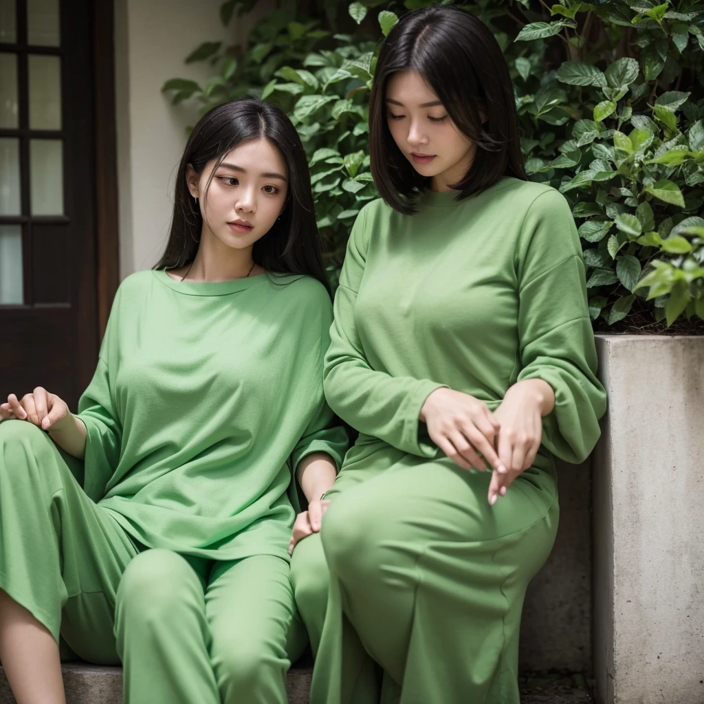 Create an image depicting a woman dressed in casual green attire who exhibits excessive concern and consideration in her everyday life. Show her in various daily situations where she demonstrates heightened attentiveness and care towards others. Capture realistic expressions and gestures that convey her thoughtful and empathetic nature. Set the scenes in typical daily environments to emphasize the relatability and realism of her actions. Ensure the composition portrays her genuine kindness and attentive demeanor convincingly.