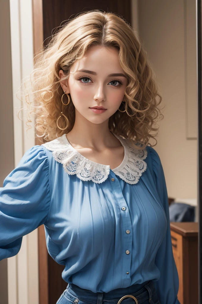 white woman with curly hair and blue blouse