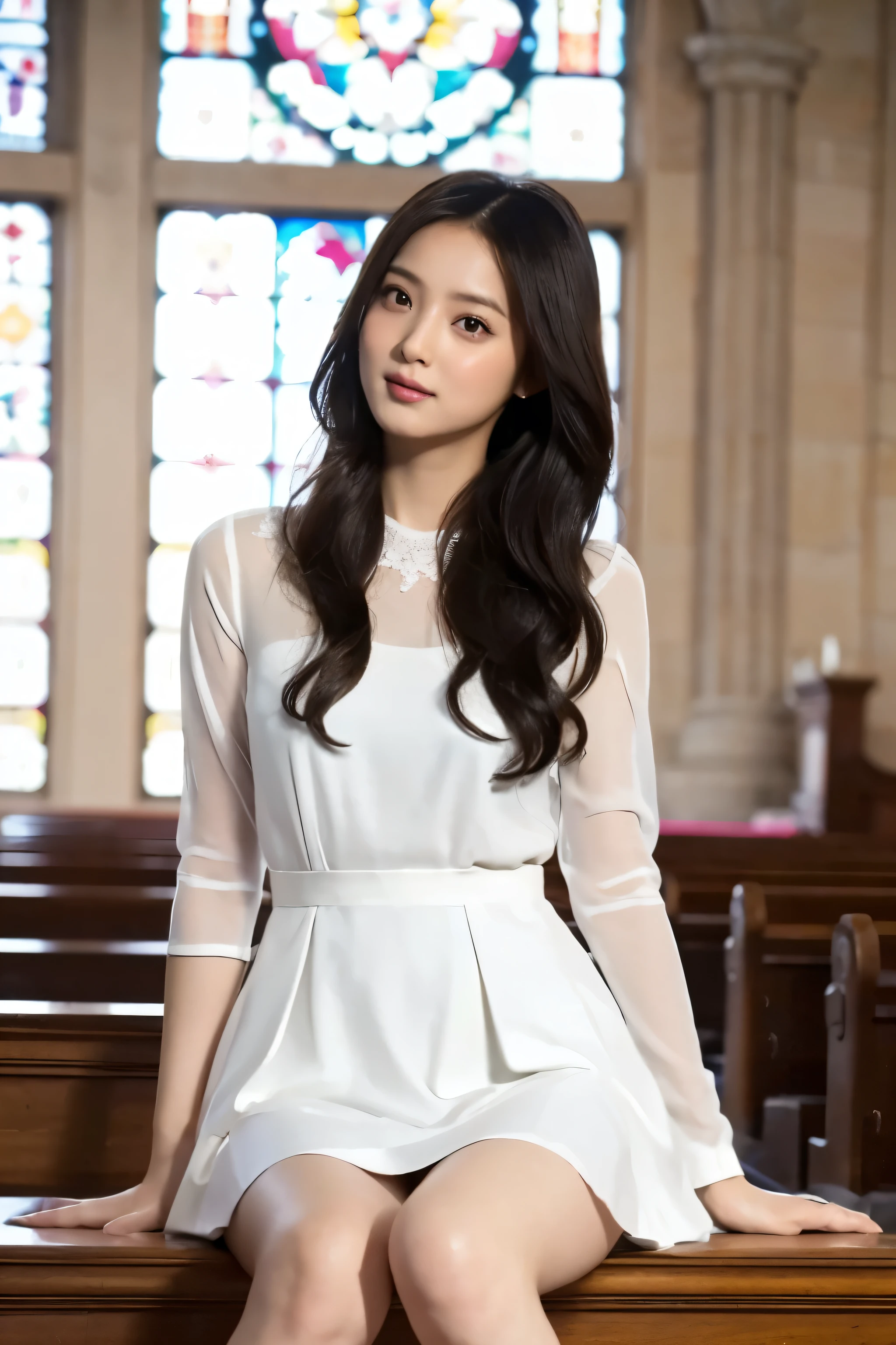 8K RAW Photos, Highest quality, masterpiece, Ultra-high resolution, 3d, Realistic, One girl, Asian, black_hair, length_hair, nose, wedding dress, Natural skin texture, light brown_eye, detailed eyes and face, lips, lipstick, smile, perfect legs,Beautiful feet, Beautiful church location, (Detailed Background), Checked skirt, White shirt, Blurred Background, white dress like a wedding dress,