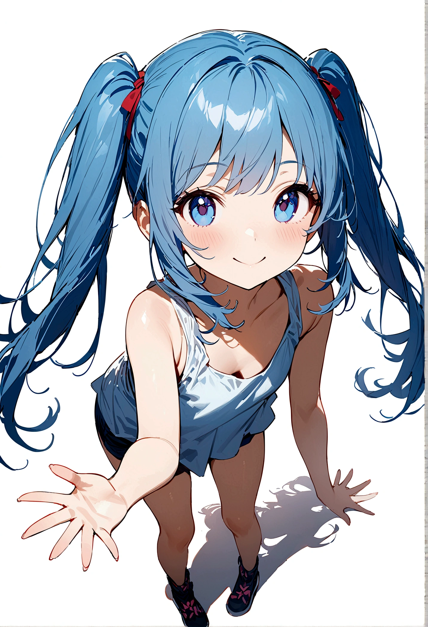 full body, (female): 1girl, (solo), (perfect face), (detailed outfit), (), beautiful female, smile (happy), blue hair, long hair, twintails hair, blue eyes, (tank top,), (white background), (masterpiece:1.4), (best quality), (ultra-detailed)