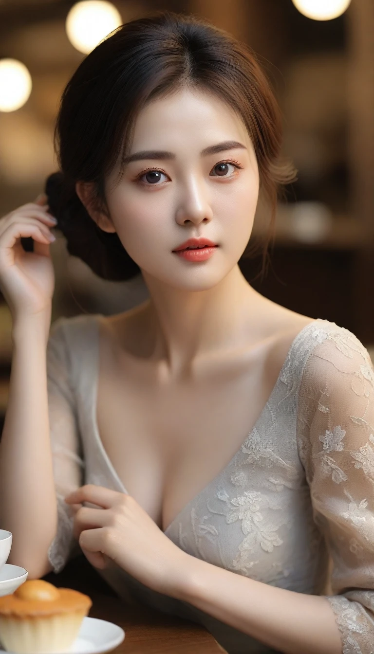 1 female, (Wearing a high-quality luxury brand dress,sleeves short,Good texture,Covering the chest:1.6),(RAW photos, best quality), (Practical, photo-Practical:1.4), masterpiece, Very exquisite and beautiful Korean woman, 非常detailed, 2k wallpapers, Astonishing, detailed, 非常detailed CG unity 8k wallpaper, 非常detailed, mackerel, Soft Light, Beautiful and delicate 36-year-old woman, 非常detailed eyes and face, Beautiful and delicate nose, Beautiful and delicate eyes,Movie Lighting,(Sitting in a fancy cafe:1.6),Complete anatomy,slim,(lol:1.4),(Young Girls:1.4),(Look at the audience:1.4),(Front view:2.0),angle, Inspired by Son Ye-jin, ,(:0.8), Light brown short hair, Bokeh shooting, chest covering