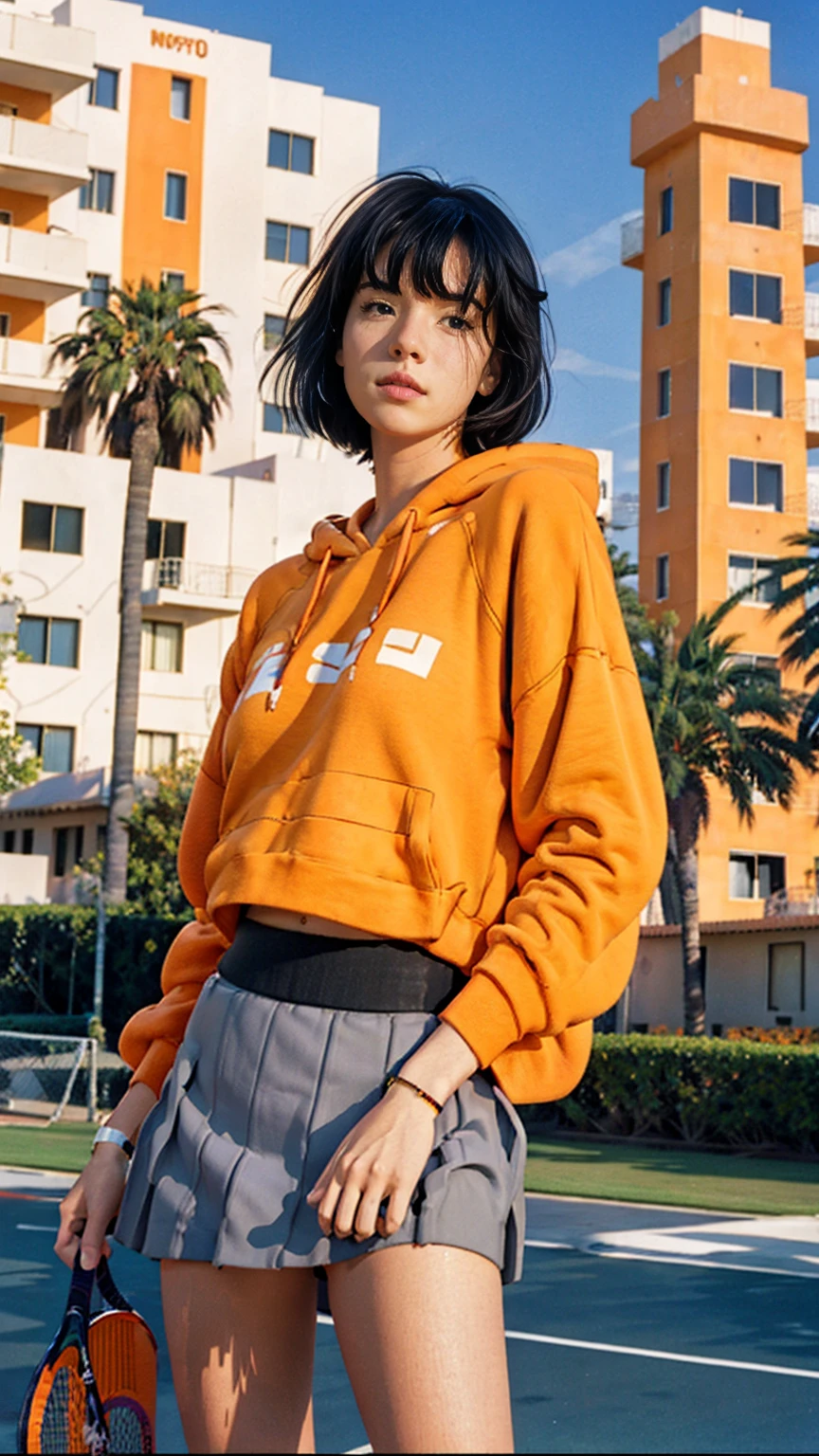 long shot portrait of cute 23 yo girl ,wear ((color orange oversized_hoodie no sleeve)), wear ((purple tennis skirt)),looking front,Best Quality,Masterpiece,Ultra High Resolution,(Realisticity:1.4),Original Photo, 1Girl, light leak,ultra high resolution,UHD,beautiful, (black bob hair), almond eye, no makeup, in front of (80's mondrian architecture motel), (realistic:1.2), (surreal:1.3), (very detailed:1.1), ((masterpiece)),summer, blue sky, palm trees,sunny, los angles vibes,film camera, 800mm lens,style of Philip Lorca diCorcia