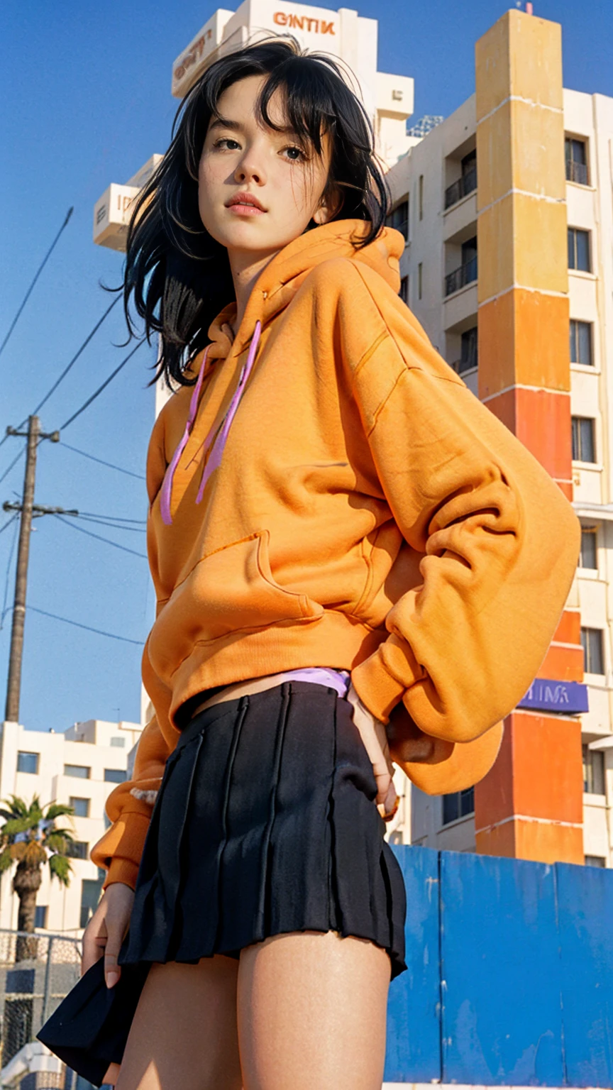 analog film photo cinematic photograph long shot portraits by Wes Anderson, cute 23 yo girl ,fokus, bokeh ,wear ((orange color oversized_hoodie)), wear ((purple tennis skirt)),looking front,Best Quality,Masterpiece,Ultra High Resolution,(Realisticity:1.4),Original Photo, 1Girl, light leak,ultra high resolution,UHD,beautiful, (black bob hair), almond eye, no makeup, in front of (80's mondrian architecture motel), (realistic:1.2), (surreal:1.3), (very detailed:1.1), ((masterpiece)),summer, blue sky, palm trees,sunny, los angles vibes,film camera, 800mm lens,style of Philip Lorca diCorcia