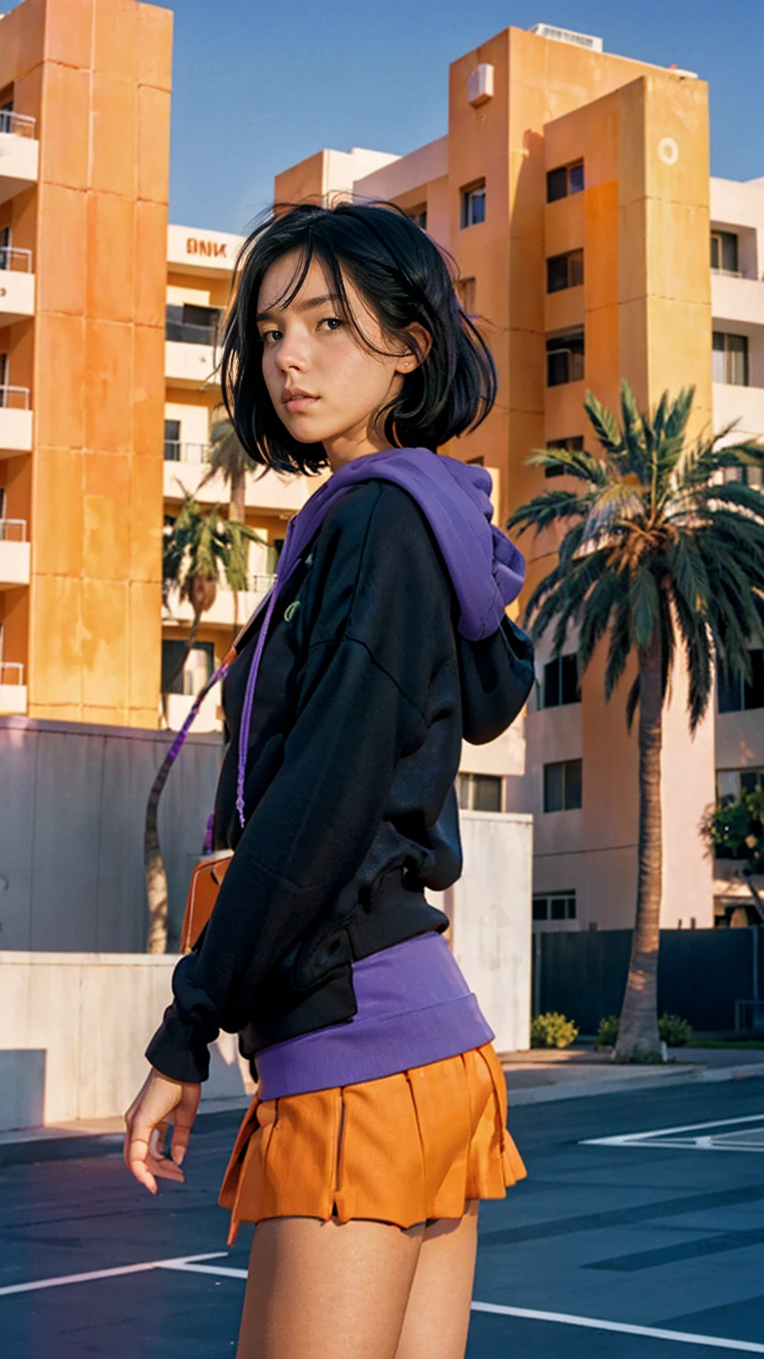 long shot portrait of cute 23 yo girl ,wear ((color orange oversized_hoodie no sleeve)), wear ((purple tennis skirt)),looking front,Best Quality,Masterpiece,Ultra High Resolution,(Realisticity:1.4),Original Photo, 1Girl, light leak,ultra high resolution,UHD,beautiful, (black bob hair), almond eye, no makeup, in front of (80's mondrian architecture motel), (realistic:1.2), (surreal:1.3), (very detailed:1.1), ((masterpiece)),summer, blue sky, palm trees,sunny, los angles vibes,film camera, 800mm lens,style of Philip Lorca diCorcia
