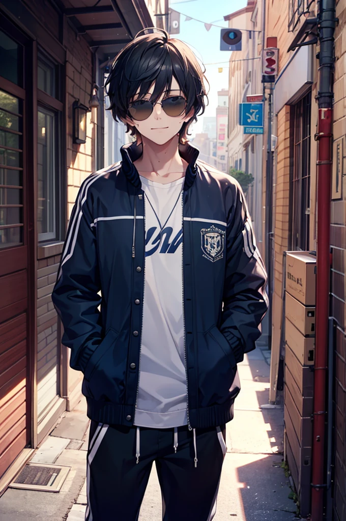 1.5, best quality, high quality, High definition, High quality texture, high detail, beautiful detailed, finely detailed, extremely detailed cg, detailed texture, 1man, boy, male, ((delinquent)), black hair, mullet, shaggy hair, blue jacket, varsity jacket, circular sunglasses, blue sunglasses, lazy, sleepy, smiling, casual, baggy clothing, standing, hands in pockets, close up, portrait, tall, mature, bad posture, sweatpants