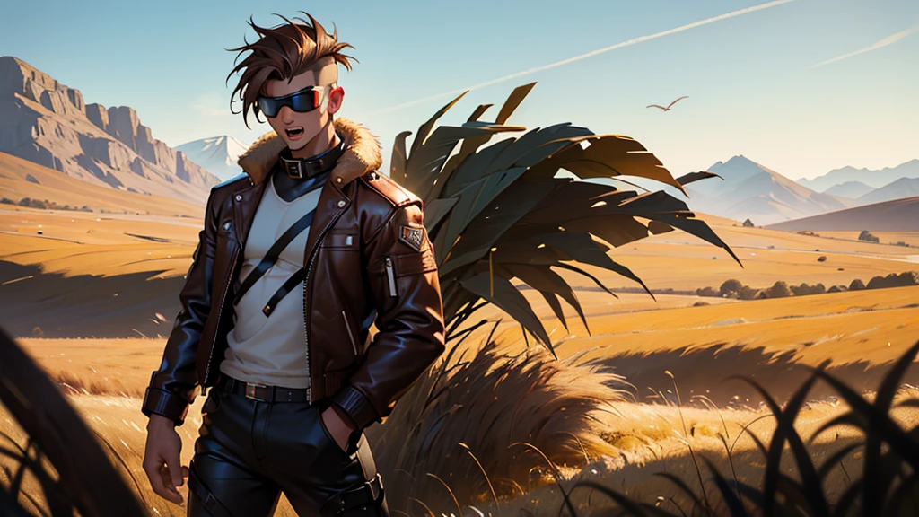 4k ultra high quality, human man, square jaw, red goggles over his eyes, white hightop hair cut brown hair shaved on the sides, brown bomber leather jacket with white fur collar, black shirt and pants, distraught look on his face shouting, standing in field of mud tall yellow grass