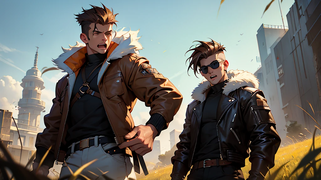 4k ultra high quality, human man, square jaw, red goggles over his eyes, white hightop hair cut brown hair shaved on the sides, brown bomber leather jacket with white fur collar, black shirt and pants, distraught look on his face shouting, standing in field of mud tall yellow grass