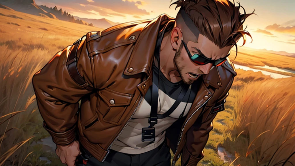 4k ultra high quality, human man, square jaw, red goggles over his eyes, white hightop hair cut brown hair shaved on the sides, brown bomber leather jacket with white fur collar, black shirt and pants, distraught look on his face shouting, standing in field of mud tall yellow grass