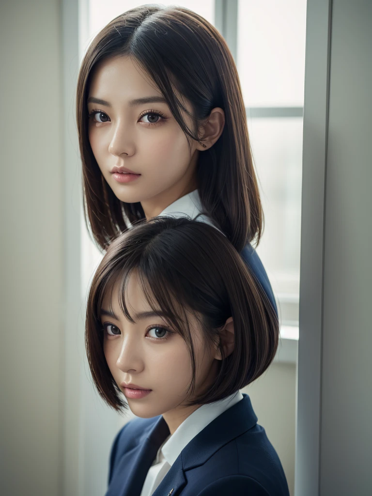 8K, masterpiece, One girl,Bob Hairstyles,Photographed in front of a white wall、Photographed in natural light、Navy Business Suit、Top view、super Detailed face, Beautiful Eyes,(Highly realistic photos, High resolution, Detailed face, Beautiful Eyes)、Japanese women, 28 years old, A variety of expressions, alone:1, Various Hair Styles, Only one person in the photo、Photographed in natural light、Don't look at the camera、profile、Dark brown hair color close to black、Idol's face、Digital SLR、Sophisticated,、Less exposure