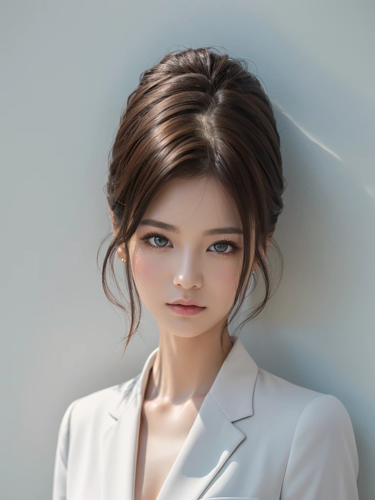 8K, masterpiece, One girl,Bob Hairstyles,Photographed in front of a white wall、Photographed in natural light、Navy Business Suit、Top view、super Detailed face, Beautiful Eyes,(Highly realistic photos, High resolution, Detailed face, Beautiful Eyes)、Japanese women, 28 years old, A variety of expressions, alone:1, Various Hair Styles, Only one person in the photo、Photographed in natural light、Don&#39;t look at the camera、profile、Dark brown hair color close to black、Idol&#39;s face、Digital SLR、Sophisticated,、Less exposure