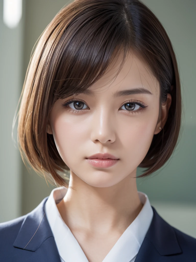8K, masterpiece, One girl,Bob Hairstyles,Photographed in front of a white wall、Photographed in natural light、Navy Business Suit、Top view、super Detailed face, Beautiful Eyes,(Highly realistic photos, High resolution, Detailed face, Beautiful Eyes)、Japanese women, 28 years old, A variety of expressions, alone:1, Various Hair Styles, Only one person in the photo、Photographed in natural light、Don't look at the camera、profile、Dark brown hair color close to black、Idol's face、Digital SLR、Sophisticated,、Less exposure