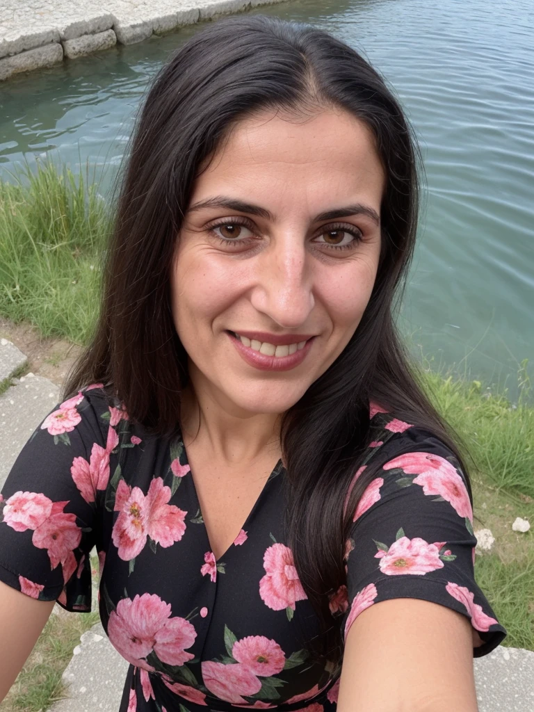 her name is Fatima, a middle-aged Syrian woman, (((snub nose))), (30 years old), (wrinkles), 1girl, solo, (black long hair), smile, wearing floral dress outside shores of LAke Ohrid, close up selfie shot