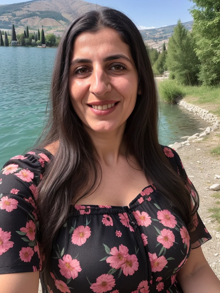 her name is Fatima, a middle-aged Syrian woman, (((snub nose))), (30 years old), (wrinkles), 1girl, solo, (black long hair), smile, wearing floral dress outside shores of LAke Ohrid, close up selfie shot