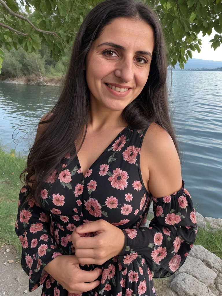 her name is Fatima, a middle-aged Syrian woman, (((snub nose))), (30 years old), (wrinkles), 1girl, solo, (black long hair), smile, wearing floral dress outside shores of LAke Ohrid, close up selfie shot