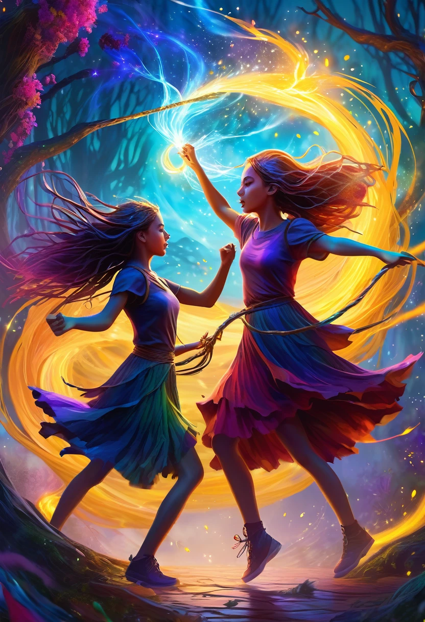 a medium quality digital painting of two girls fighting, unravel,casting a spell, fantasy art, vibrant colors, magical atmosphere, emotional, surreal, detailed artwork, dynamic composition, dream-like, whimsical, enchanting, mystical, 4k