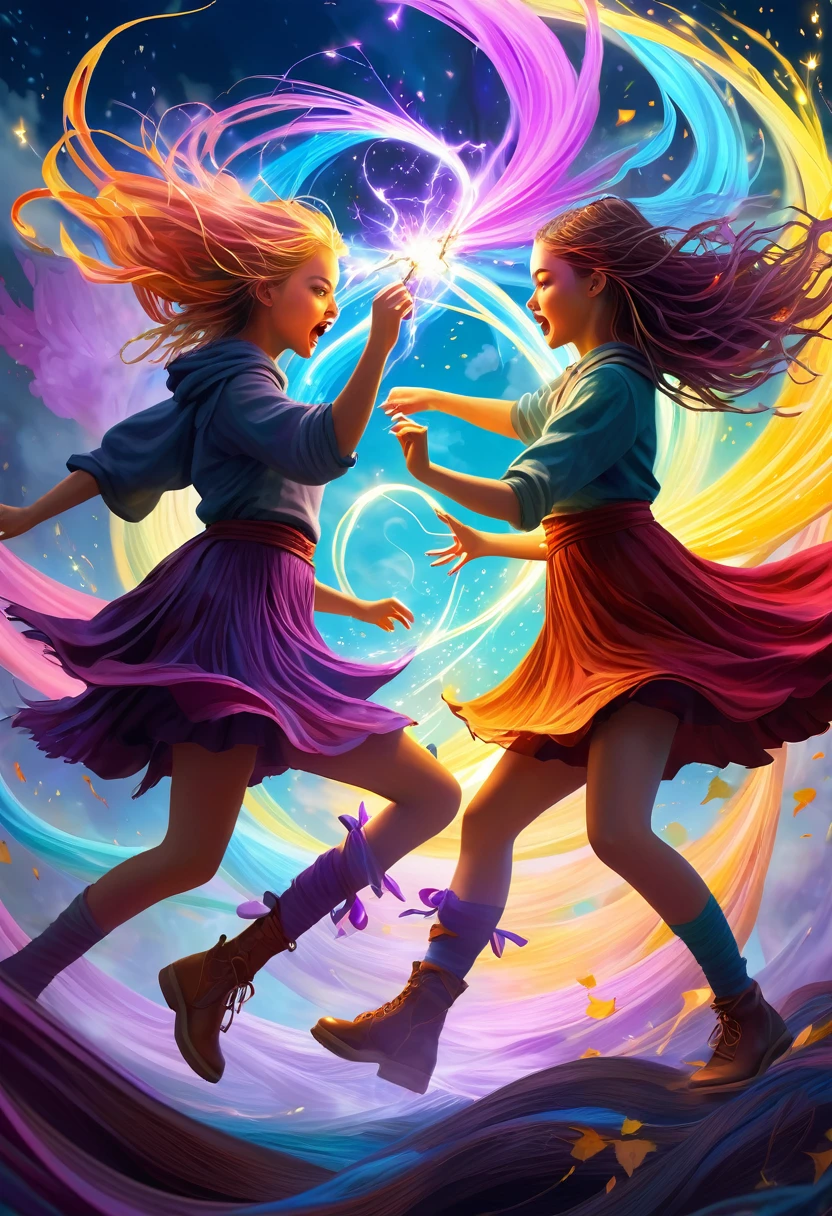 a medium quality digital painting of two girls fighting, unravel,casting a spell, fantasy art, vibrant colors, magical atmosphere, emotional, surreal, detailed artwork, dynamic composition, dream-like, whimsical, enchanting, mystical, 4k