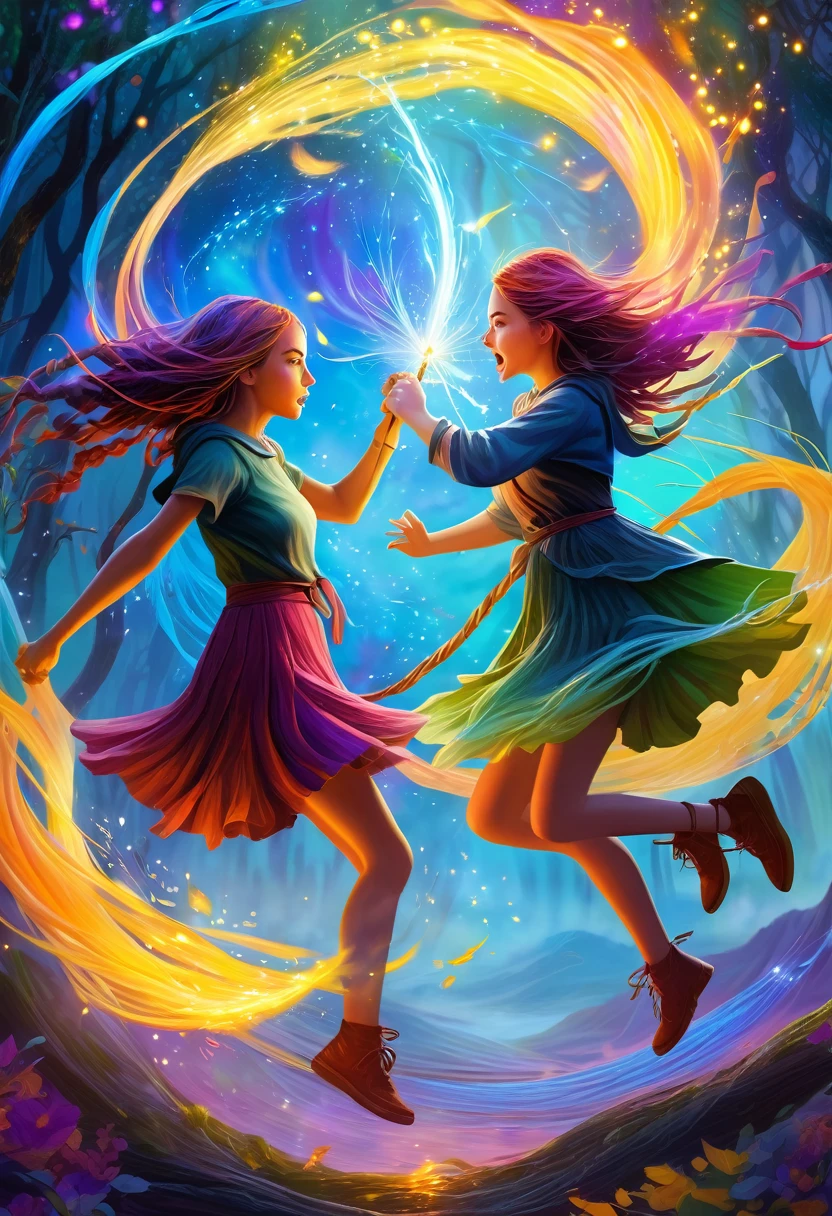 a medium quality digital painting of two girls fighting, unravel,casting a spell, fantasy art, vibrant colors, magical atmosphere, emotional, surreal, detailed artwork, dynamic composition, dream-like, whimsical, enchanting, mystical, 4k