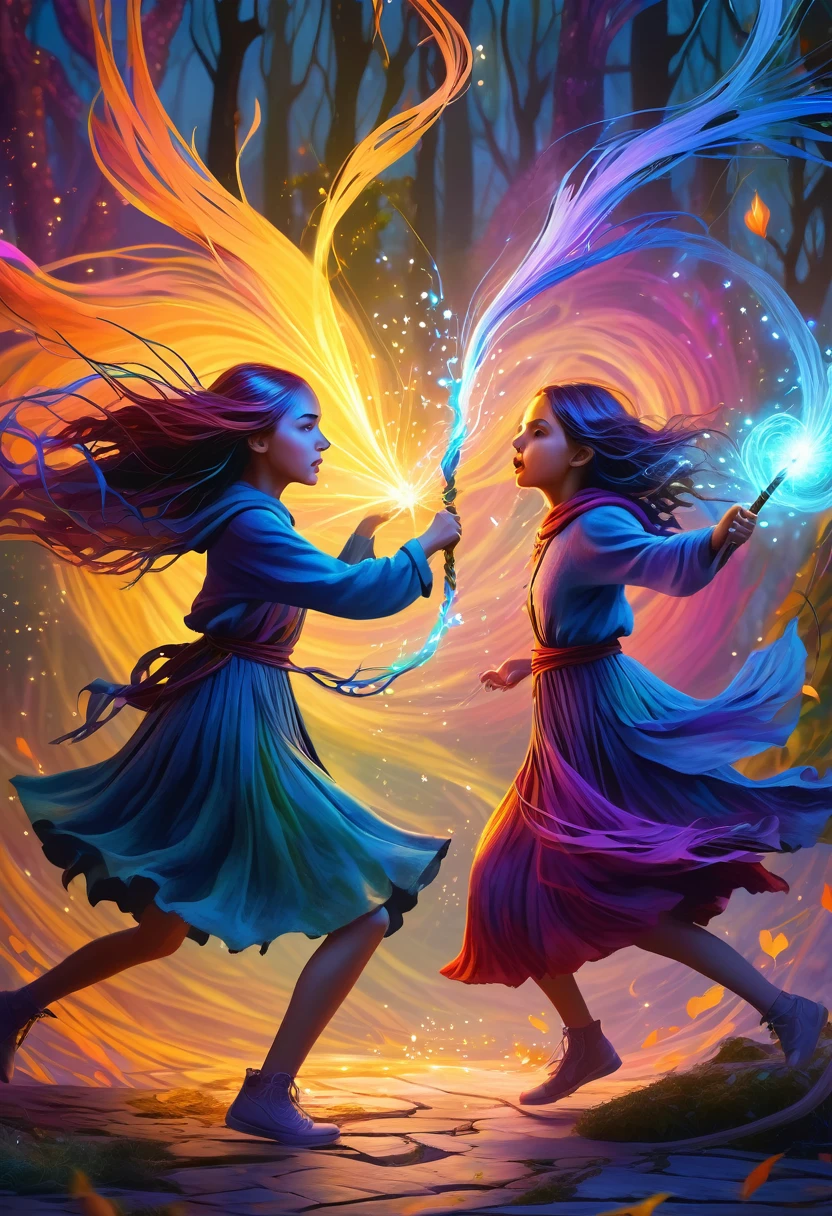 a medium quality digital painting of two girls fighting, unravel,casting a spell, fantasy art, vibrant colors, magical atmosphere, emotional, surreal, detailed artwork, dynamic composition, dream-like, whimsical, enchanting, mystical, 4k