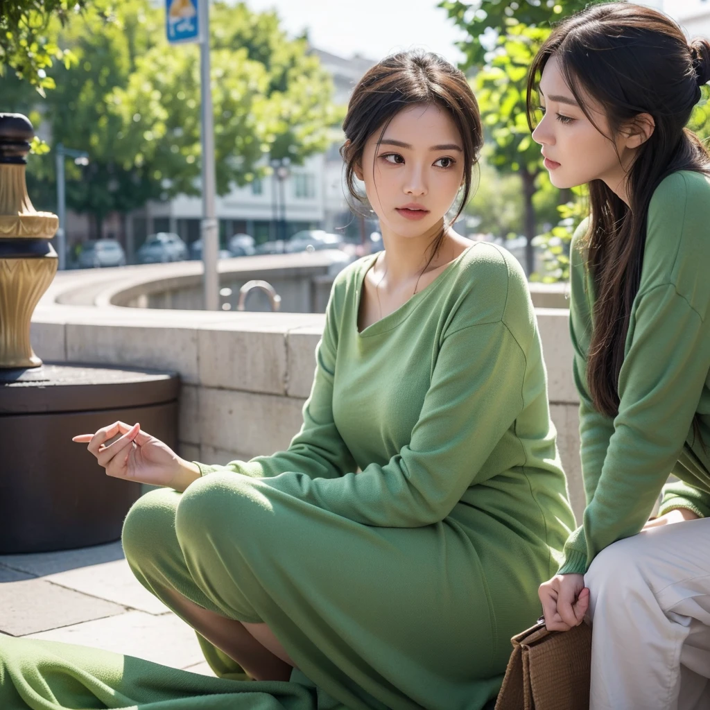 Create an image depicting a woman in casual green attire who shows excessive concern and consideration towards others in her everyday life. Show her in various daily scenarios where she displays heightened attentiveness and care for those around her. Capture realistic expressions and gestures that convey her thoughtful and empathetic nature. Set the scenes in typical everyday environments to emphasize the relatability and realism of her actions. Ensure the composition convincingly portrays her genuine kindness and attentive demeanor.