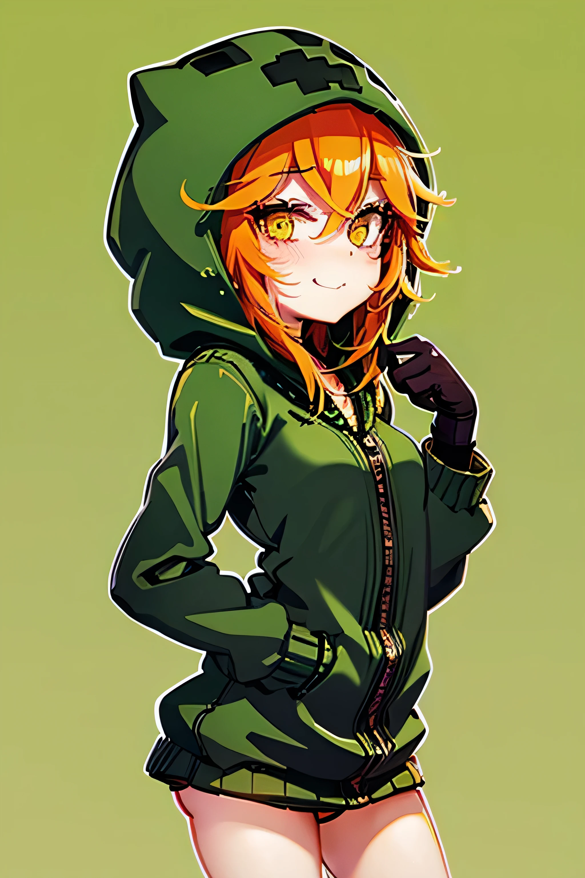 anime girl, creeper girl, orange hair, yellow eyes, blush, cute smile, slim figure, slender legs, long green hoodie, hood, green mini skirt, dark green stockings, black gloves, small breasts, back view