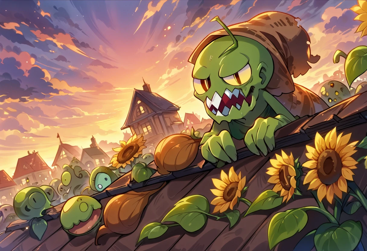 Plants vs. Zombies, A scene where Sunflower, Peashooter, and Cherry Bomb fight an army of zombies in the garden on a sunny day. Colorful and bright colors decorate the garden, and the texture of plant leaves, torn zombie costumes, and cherry bomb explosion effects are detailed. Includes cabbages from Cabbage Porto flying through the air ,((Masterpiece)), ((Best Quality)), (Very Detailed), ((Very Detailed)), 4K, (8K), very aesthetic, absurdres highres,