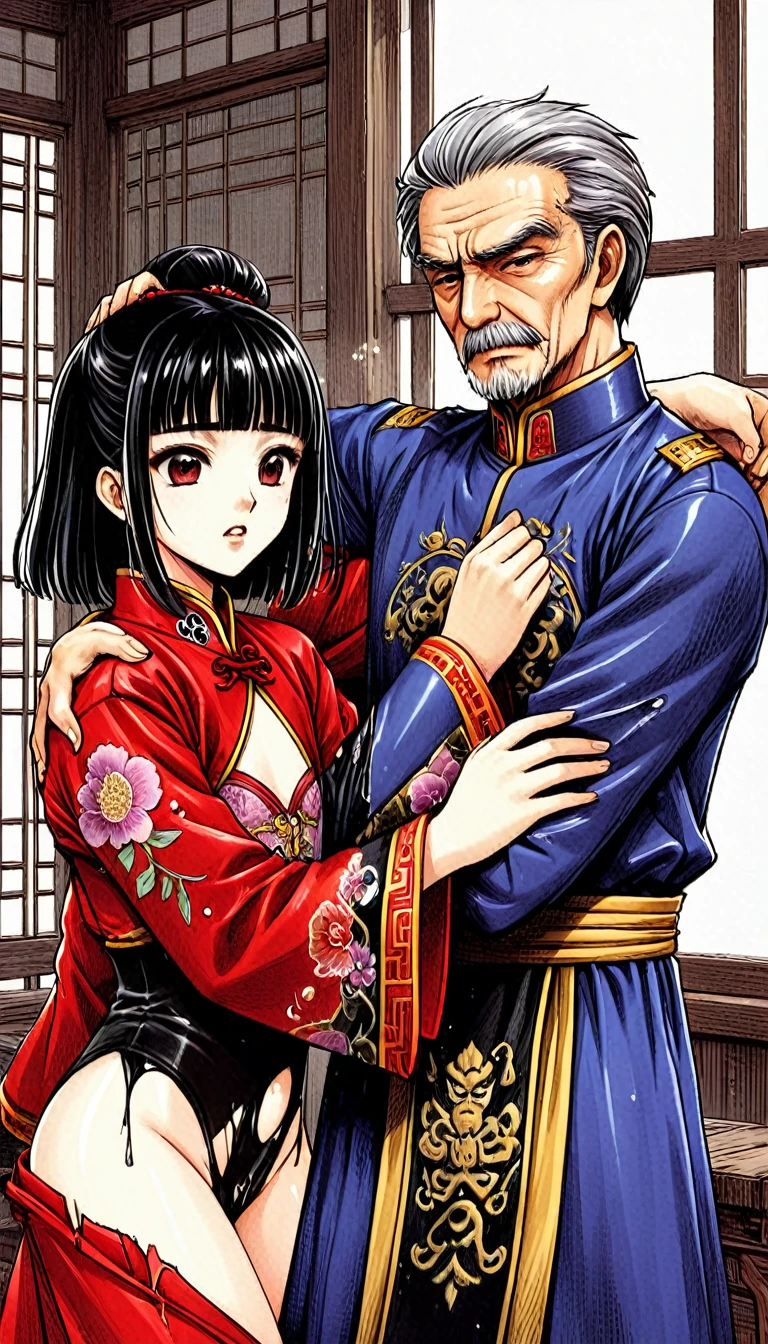 A tragic historical drama in 8k live-action style: Beautiful palace secrets　Beautiful  Chinese Kung Fu girl princess with short black hair has very rough unwanted sex with old man emperor　Gorgeous embroidery, Ultra glossy, She is wearing a shiny red top and bottom long sleeve floral kung fu suit....　　Her clothes were forcibly torn off by the old man, exposing her genitals.　