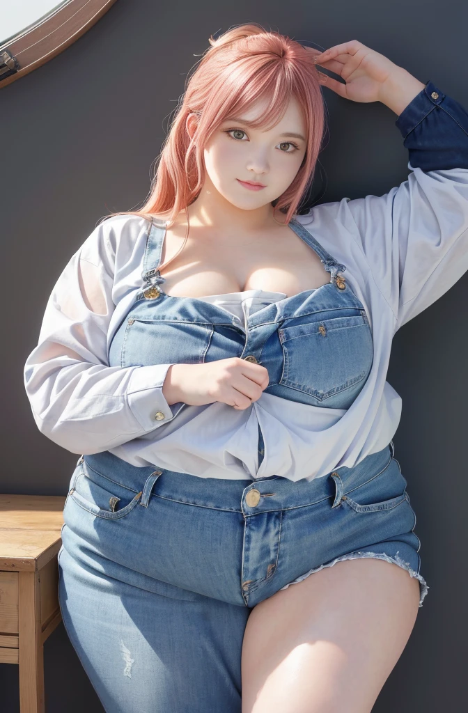 Makima de l'anime "chainsaw man", bbwchan, corps entier, magnifique et ultra détaillée. Ssbbw, obésité morbide, Cheveux rouges, yeux jaunes, visage gras, visage ultra détaillé et doux. Chemise, jupe en jean, pose dynamique, soleil,
