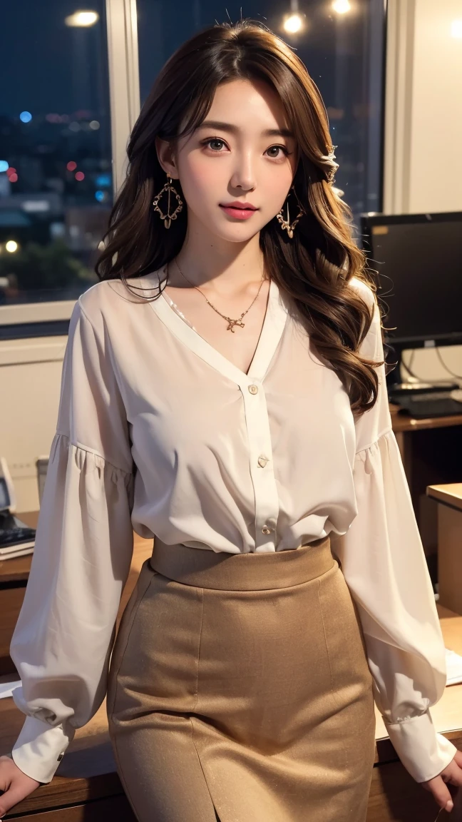 ((Kumiko Goto:1.3))Beautiful detailed face、Pale skin、Realistic glowing skin、Detailed cloth texture、Detailed hair texture、Perfect body、Beautiful Face、correct、Anatomically correct、 Highly detailed face and skin texture、Natural neck length、(Beautiful Hands)、(Fair skin:1.2)、Thin legs、Thin legs、 break 細かい目元、Symmetrical eyes、Light brown eyes、double eyelid、Thin eyebrows、(Glossy Lips:1.4)、((Gentle smile:1.2))、(blush:1.1)、 break (Elegant and cute girl:1.3)、Medium-sized large breasts、(Slim body type:1.1)、Toned Abs、Beautiful clavicle、 (Dark Blonde、Wavy Hair、Long Hair:1.2)、((In a stylish office at night:1.4))、(Cowboy Shot:1.2)、white long sleeve button up blouse,_brown tweed mini skirt,Put the shirt inside the skirt、full figure supermodel standing, entire body in frame、standing gracefully、gold necklace_Large earrings
