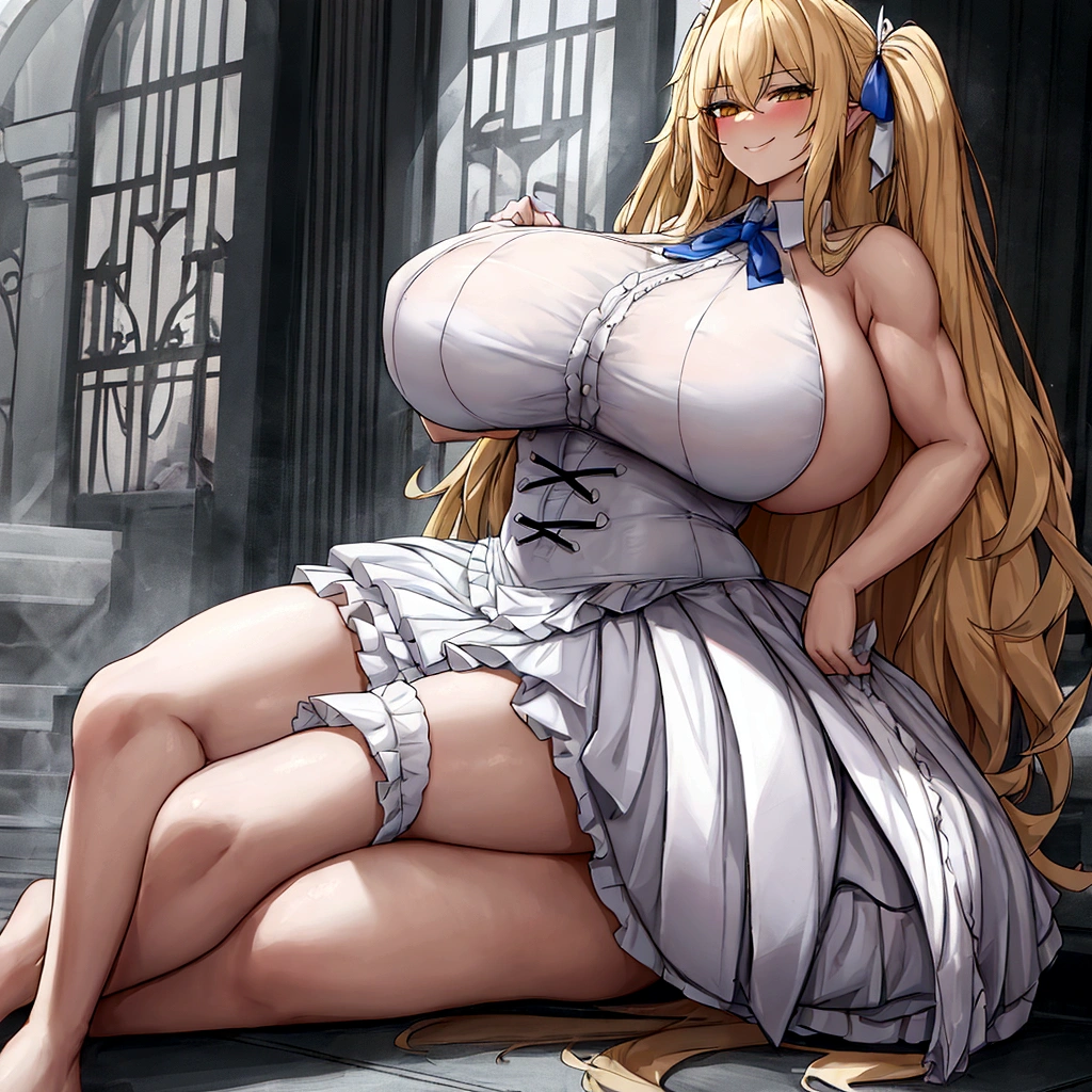 {full body},wariza,sitting,looking down,from below,{upskirt},dynamic angle, dynamic cut,naughty smile,macrophilia,{white wings},{angel},{{very muscular}},{{very muscle}},{very curvy},{very big woman},{very gigantic woman},{very strong woman},{very tall woman},{very long legs},{very gigantic breasts},{very big breasts},{two side up},{very grown-up body},{adult},blonde hair,barefoot,cute dress shirt frills ribbon split corset skirt,best quality,solo,white background