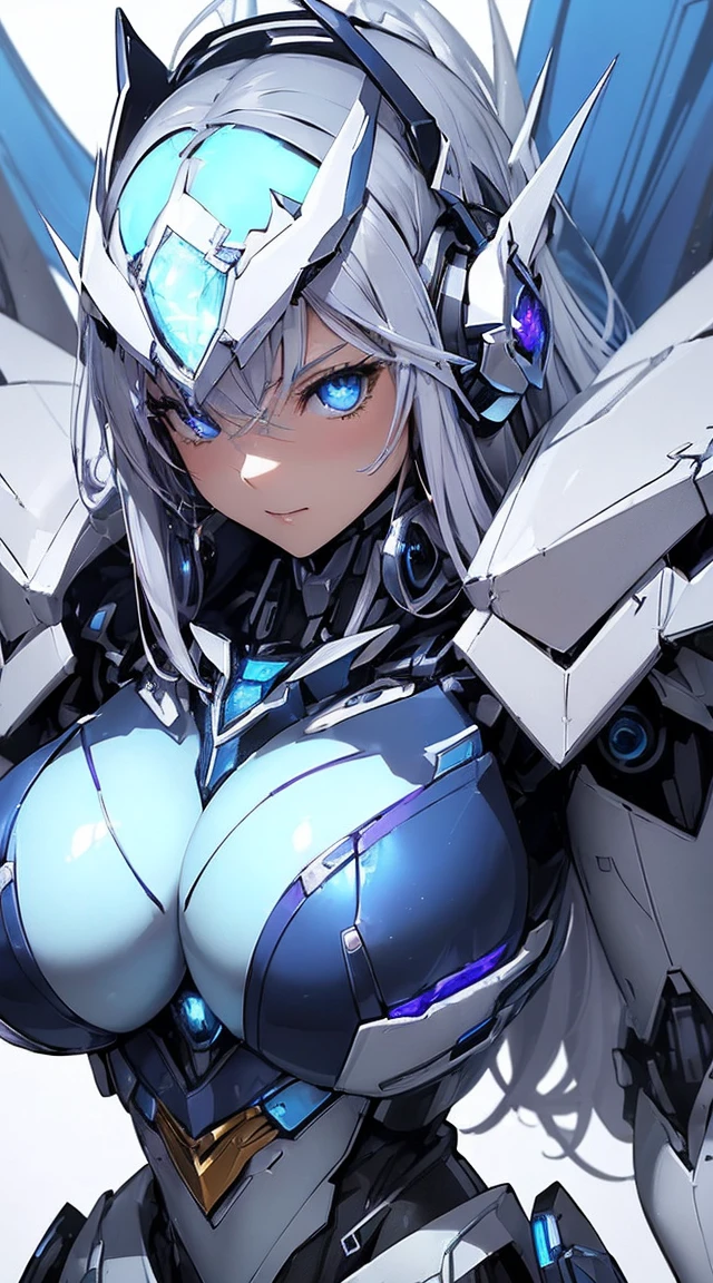 ((Extreme close up:1.6))、(((Lenses shining on both breasts:1.3)))、((A blue pillar of light emanates from both of his chests..:1.3))、break、(((Dynamic pose:1.8)))、smile、((8K)), ((32k)), ((Highest quality)), ((masterpiece)), ((超A high resolution)), ((Tmasterpiece)), ((Halation:1.4))、((Mechaニカルheadgear:1.2))、((Cyber Headphones:1.3))Fine skin, High quality fabric, High-quality metal texture、((Beautiful and dense face))、RAW Photos、Professional, Ultra-fine painting, ((alone)), Beautiful breasts、Highest quality, Very detailed, Very detailed詳細, Finer details, so beautiful, ((Princess Knight Robot:1.2)),  (Joint of the machine, Mechanical Limbs:1.3), (The internal structure of the machine is exposed:1.3), (Long silver hair:1.1), (Beautiful and huge mechanical breasts)、White Veil, cowboy_shot, Side Focus, headgear, Shiny、(Five Fingers, Four fingers and thumb),Concept Art, Anime fantasy artwork, Detailed fantasy art, (with pale blue-violet hair and large white wings,,,,,,,,), (((Long silver hair))), (Mecha:1.6)、Sleek and intimidating design, ((Commander-in-Chief&#39;arm)), (Perfect robot body)、純白と青紫のarmまたは, Symmetrical wings, 8K High Resolution, Detailed Art, 3D rendering of character art in 8K, neat legs, Defined, Defined fingers,((headshot:1.3))