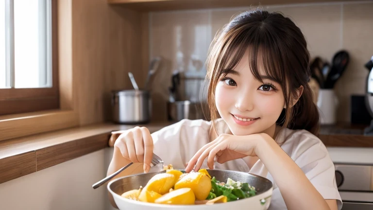 Produce the highest quality and highest resolution 8K images。Please draw the whole body of a 20 year old Japanese woman.。Please draw a scene of you cooking in your kitchen at home.。She has brown eyes and a model figure.、She has an idol-level cute face.。The hair is wavy。Looking at you with a smile。Skin has a healthy color。