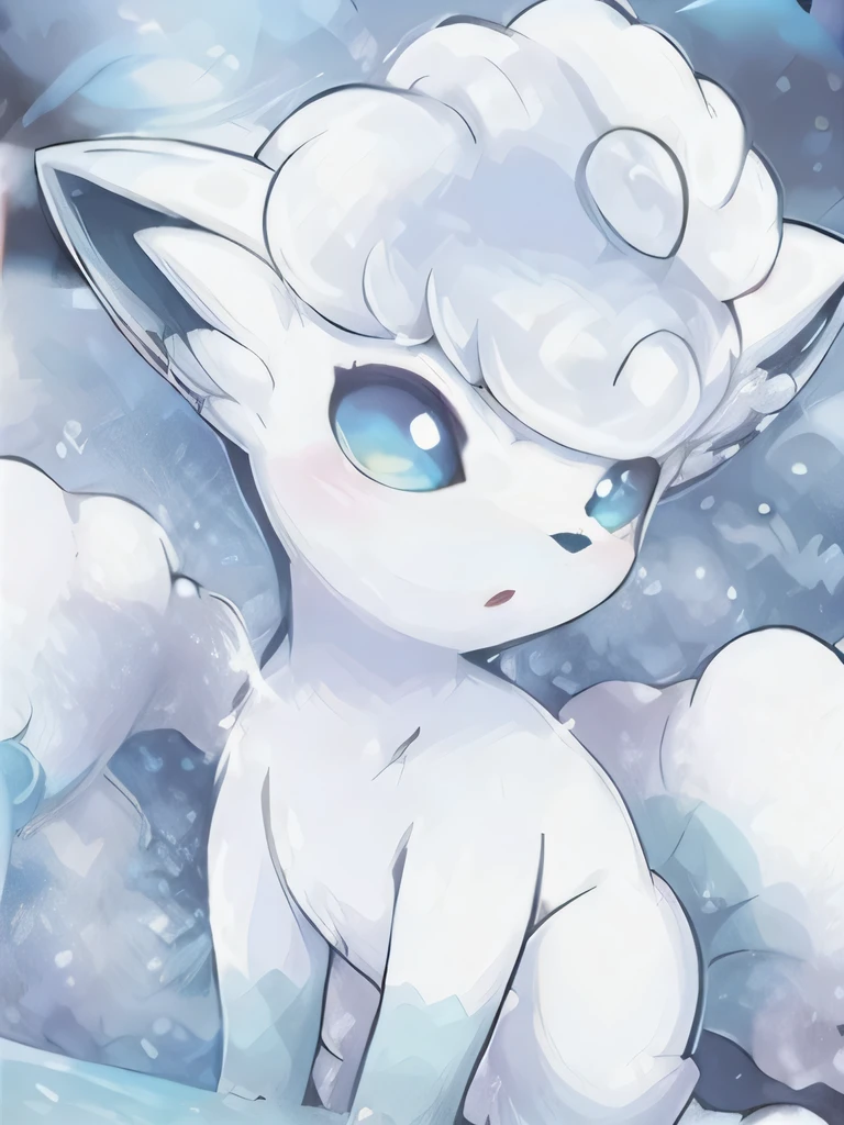 (((Alolan Vulpix)))，((Anthropomorphic white fox girl，Blue Layered Eyes，Long eyelashes，Fluffy fur))，((Highest quality))，((Female Pokemon))，looking at the camera，Very cute face，10 years old