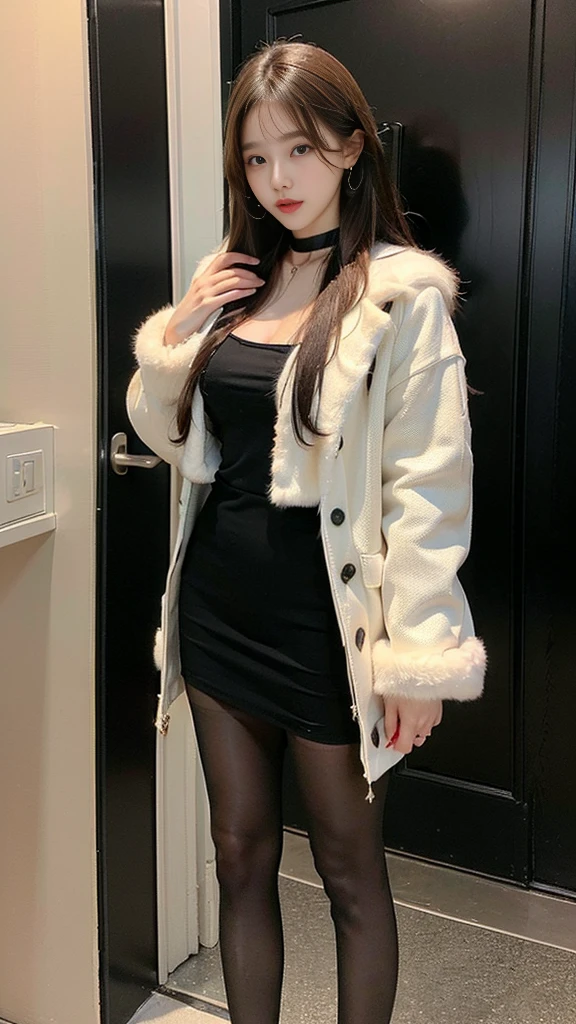 (((NFSW : 1.2))), (((pornography))), (realistic), (intricate details:1.2), (masterpiece、:1.3), (top quality:1.4), (Ultra A high resolution:1.2), Ultra A high resolution, 8K resolution, very detailed expression, dark, (high quality), complete anatomy, natural anatomy, full body photo, (한 한국여성이 오피스텔 현관을 들어오면서 한쪽 다리를 옆으로 슬쩍 들어올려 하이힐을 벗는 중에 있습니다. : 1.6), (그녀는 오피스텔로 신발을 벗고 들어오고 있습니다. :1.6), (그녀의 시선은 자신의 발끝을 향합니다:1.4), she is 21 years old, (call girl:1.5), (prostitute: 1.5), (she is korean:1.6), (beautiful : 1.4), (Dyed fancy colored hair banging), (big earrings), heavy makeup, Confusing wording, choker necklace, long legs, (a girl weared slim feminine dress and pantyhose. : 1.4), (a girl weared strappy high heels :1.4), (a girl is wearing a fur jacket :1.4), (She is carrying a woman's bag : 1.4), (남자들은 그녀를 기다리고 있습니다 : 1.4), (남자들의 시점 :1.4), glowing skin,(eye contact each other :1.4),(She being caught and sexually harassed by 2 men : 1.5), (the front door of the hotel room : 1.6), (detailed background:1.2),(She has fun with several Korean men : 1.4), 