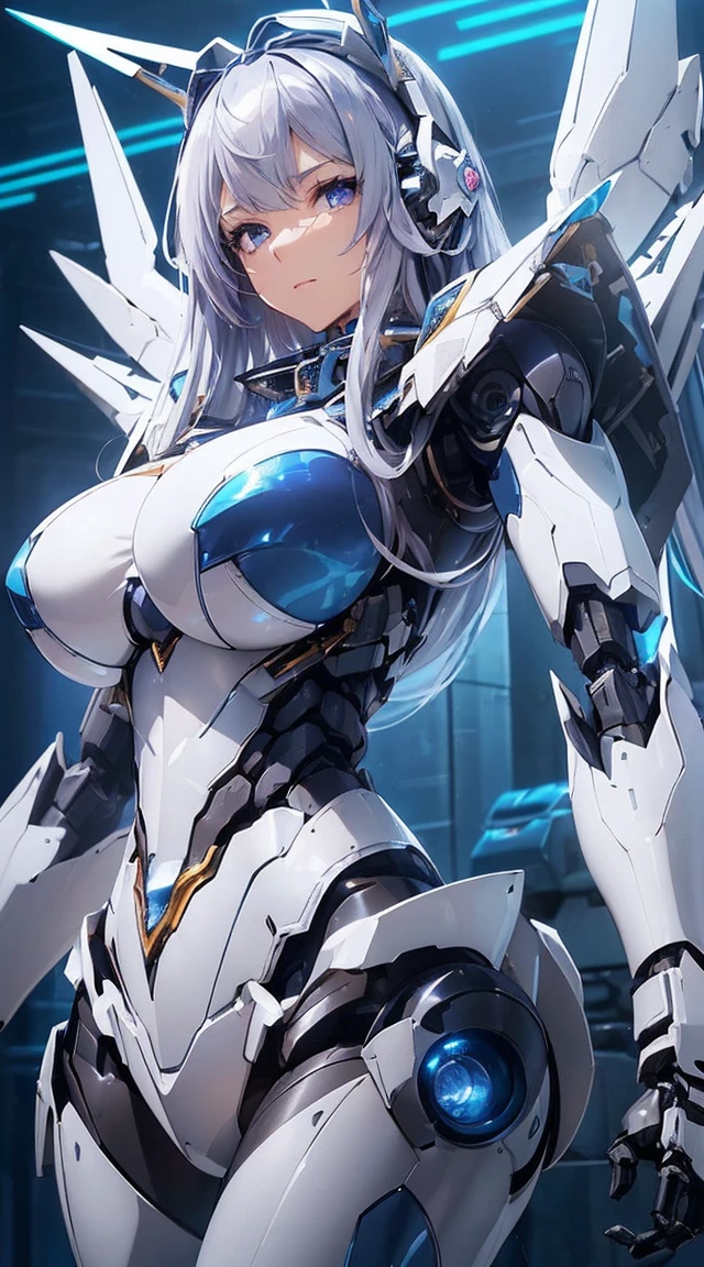 ((Intense action pose:1.6))、((Shining lenses on both breasts:1.3))、((Blue pillars of light are emanating from both chests.:1.3))、smile、((8K)), ((32k)), ((Highest quality)), ((masterpiece)), ((超A high resolution)), ((Tmasterpiece)), ((Halation:1.4))、((Mechaニカルheadgear:1.2))、((Cyber Headphones:1.3))、Fine skin, High quality fabric, Fine metal texture、((Beautiful and dense face))、RAW Photos、Professional, Ultra-fine painting, ((alone)), Beautiful breasts、Highest quality, Very detailed, Very detailed詳細, Finer details, so beautiful, ((Princess Knight Robot:1.2)),  (Joints of machines, Mechanical Limbs:1.3), (The internal structure of the machine is exposed:1.3), (Long silver hair:1.1), (Beautiful and huge mechanical breasts)、White Veil, cowboy_shot, Side Focus, headgear, Shiny、(Five Fingers, Four fingers and thumb),Concept Art, Anime fantasy artwork, Detailed fantasy art, (with pale blue-violet hair and large white wings,,,,,,,), (((Long silver hair))), (Mecha:1.6)、Sleek and intimidating design, ((Commander-in-Chief&#39;arm)), (Perfect robot body)、純白と青紫armまたは, Symmetrical wings, 8K high quality, detailed art, 3D rendering of character art in 8K, neat legs, Defined, Defined fingers,