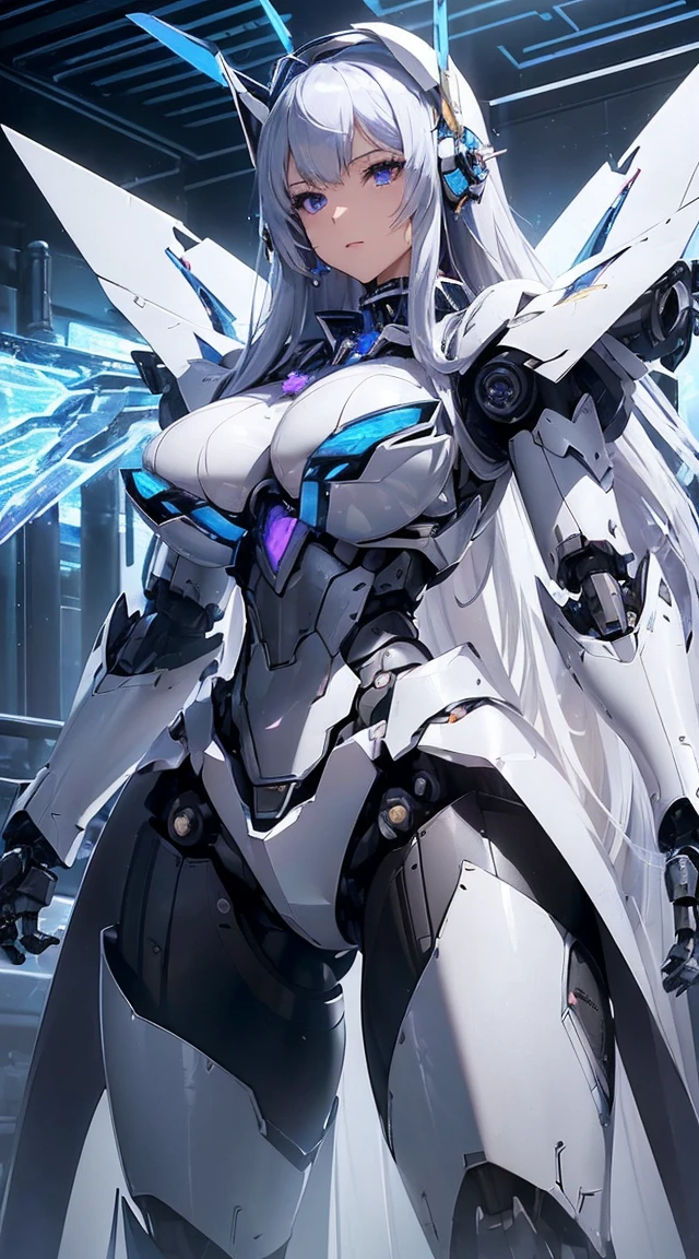 ((Intense action pose:1.6))、((Shining lenses on both breasts:1.3))、((Blue pillars of light are emanating from both chests.:1.3))、smile、((8K)), ((32k)), ((Highest quality)), ((masterpiece)), ((超A high resolution)), ((Tmasterpiece)), ((Halation:1.4))、((Mechaニカルheadgear:1.2))、((Cyber Headphones:1.3))、Fine skin, High quality fabric, Fine metal texture、((Beautiful and dense face))、RAW Photos、Professional, Ultra-fine painting, ((alone)), Beautiful breasts、Highest quality, Very detailed, Very detailed詳細, Finer details, so beautiful, ((Princess Knight Robot:1.2)), (Joints of machines, Mechanical Limbs:1.3), (The internal structure of the machine is exposed:1.3), (Long silver hair:1.1), (Beautiful and huge mechanical breasts)、White Veil, cowboy_shot, Side Focus, headgear, Shiny、(Five Fingers, Four fingers and thumb),Concept Art, Anime fantasy artwork, Detailed fantasy art, (with pale blue-violet hair and large white wings,,,,,,,), (((Long silver hair))), (Mecha:1.6)、Sleek and intimidating design, ((Commander-in-Chief'arm)), (Perfect robot body)、純白と青紫armまたは, Symmetrical wings, 8K high quality, detailed art, 3D rendering of character art in 8K, neat legs, Defined, Defined fingers,